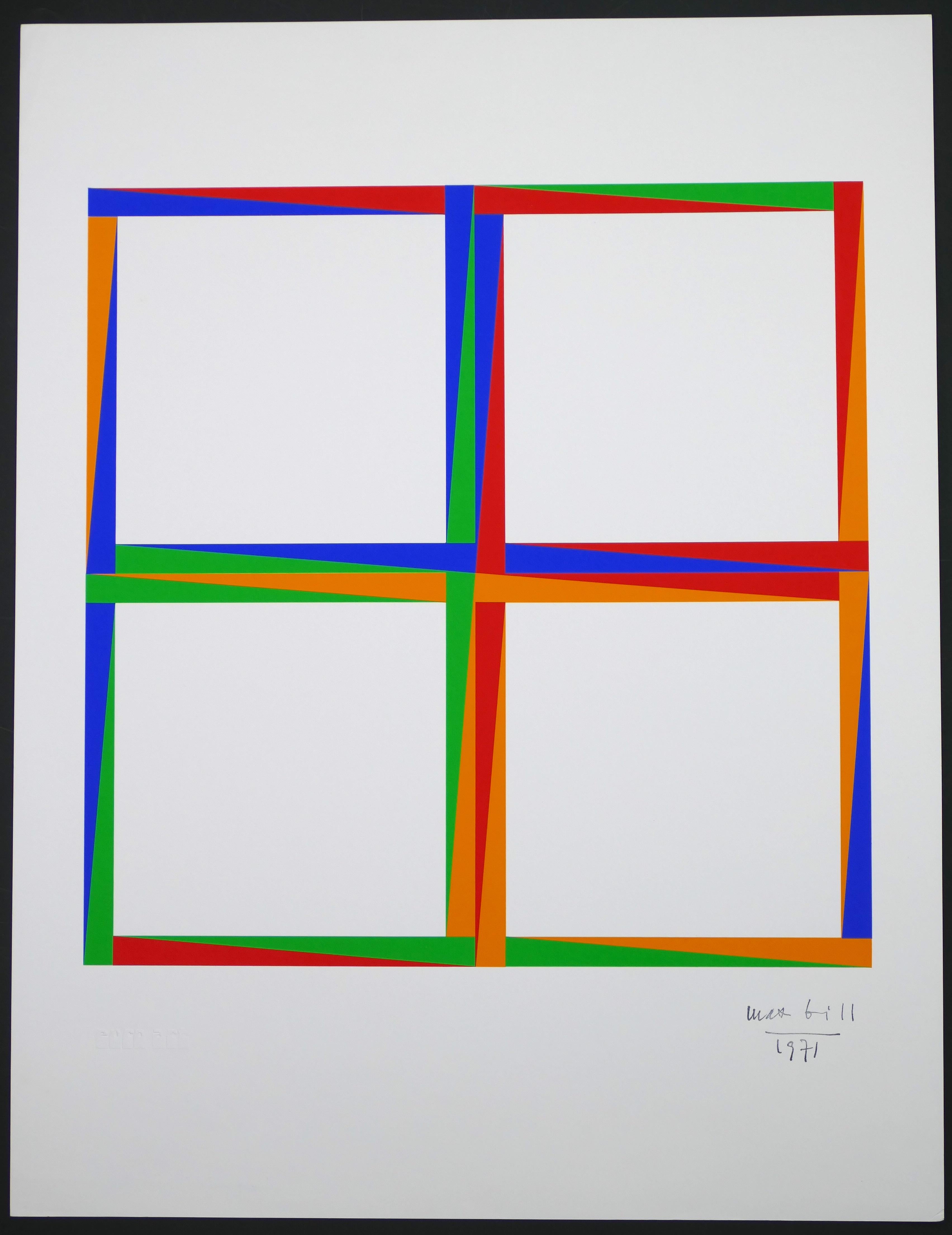 o.T is an original geometric composition realized by Max Bill in 1971.

Color serigraph. Signature stamp and date (1971) on the lower right margin.

Very good conditions.

The artwork is a realized in Max Bill's typical style: different colored