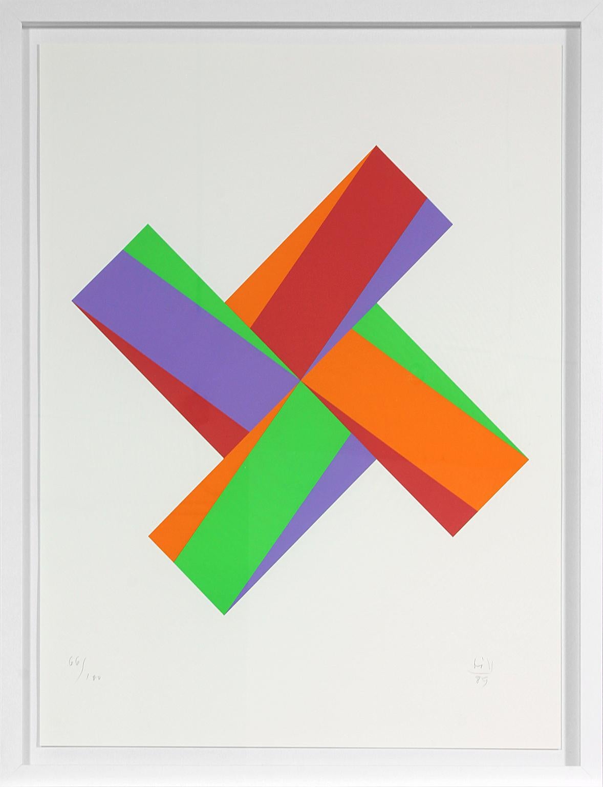 "Untitled" geometric abstract multi-color serigraph and collage by artist Max Bill from the "Kinderstern" portfolio, published in 1989 by Edition Domberger to raise money to house families of children hospitalized with cancer. Hand-numbered 66/100