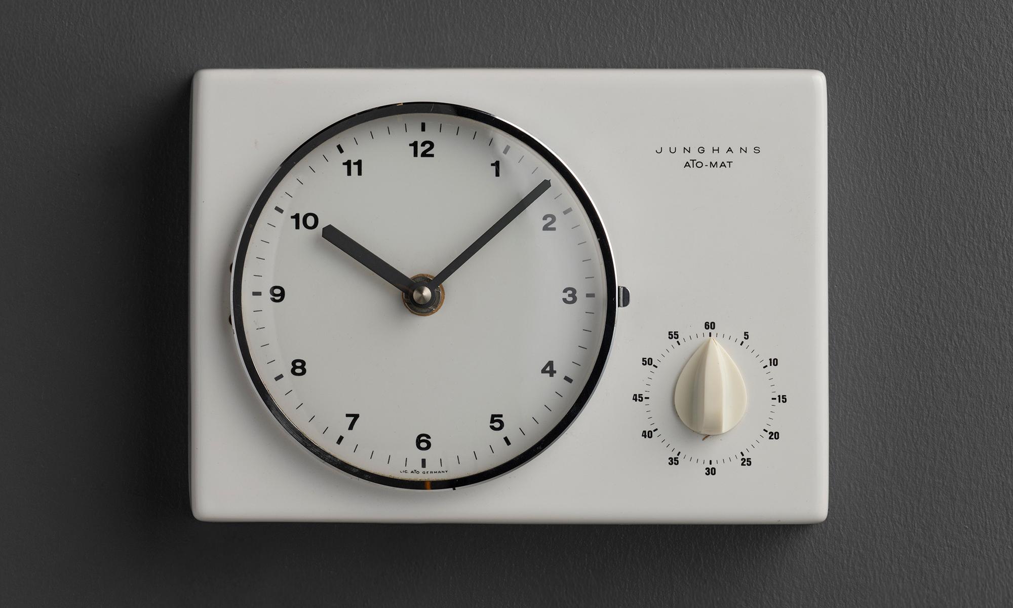 Germany, 1954
Wall clock/timer made from glazed porcelain, chrome-plated brass, enameled aluminum, plastic. Made by 'Junghans Ato-Mat’.
8.75”w x 1.75”d x 6”h
$ 2,800