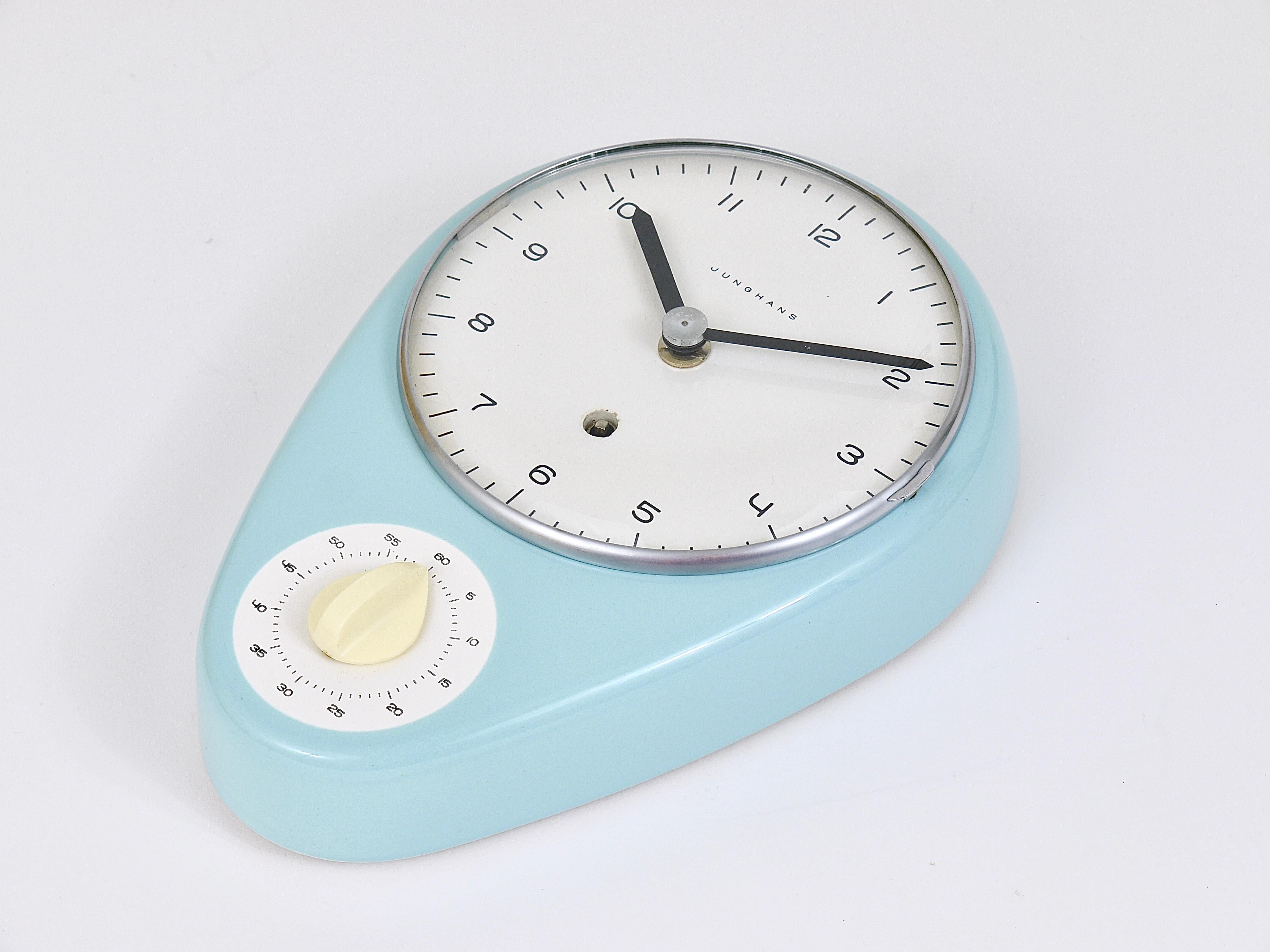 Chrome Max Bill Wall Clock, Pastel Blue, Mid-Century Modern, Junghans Germany, 1950s For Sale