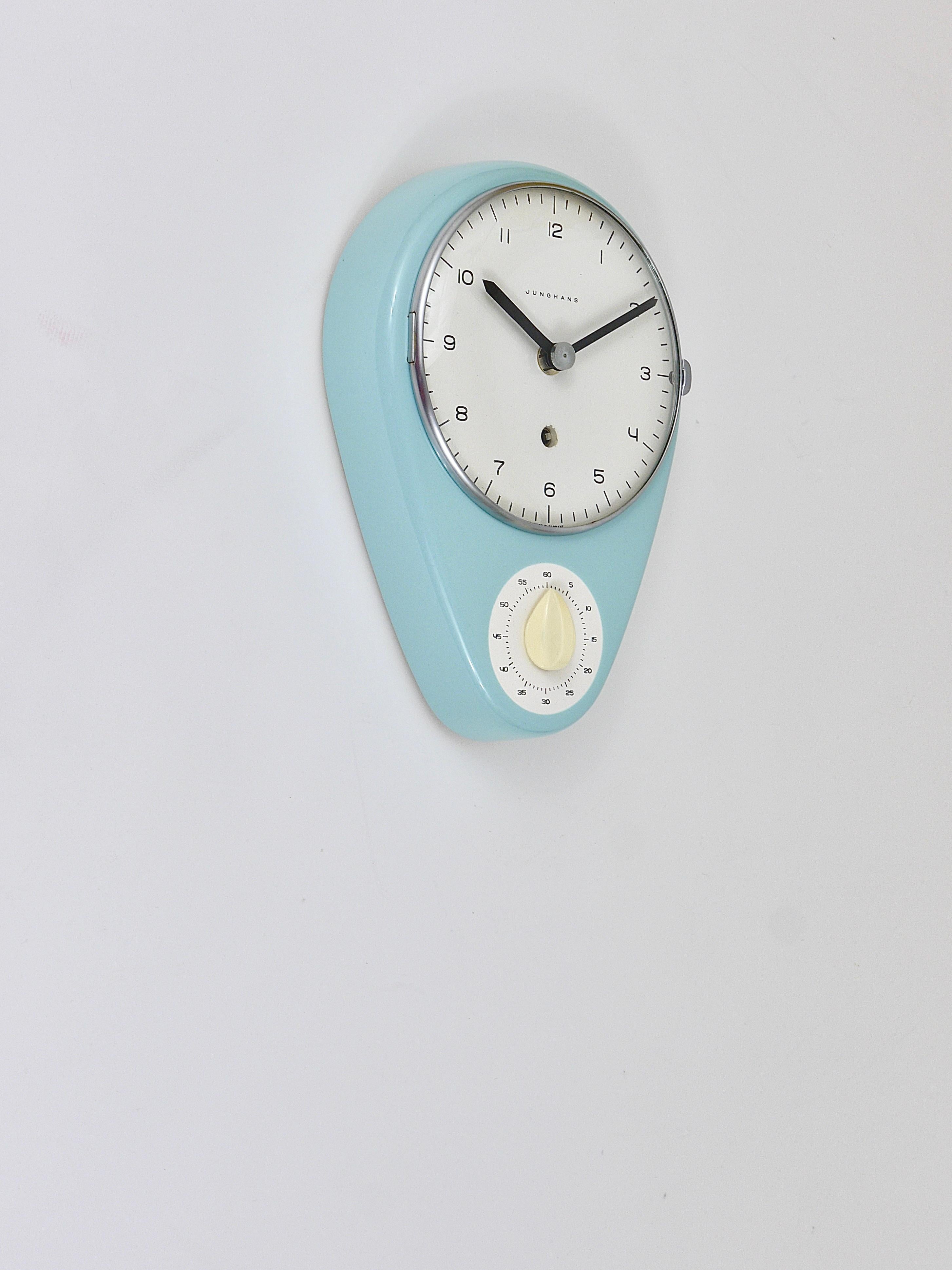 Metal Max Bill Wall Clock, Pastel Blue, Mid-Century Modern, Junghans Germany, 1950s