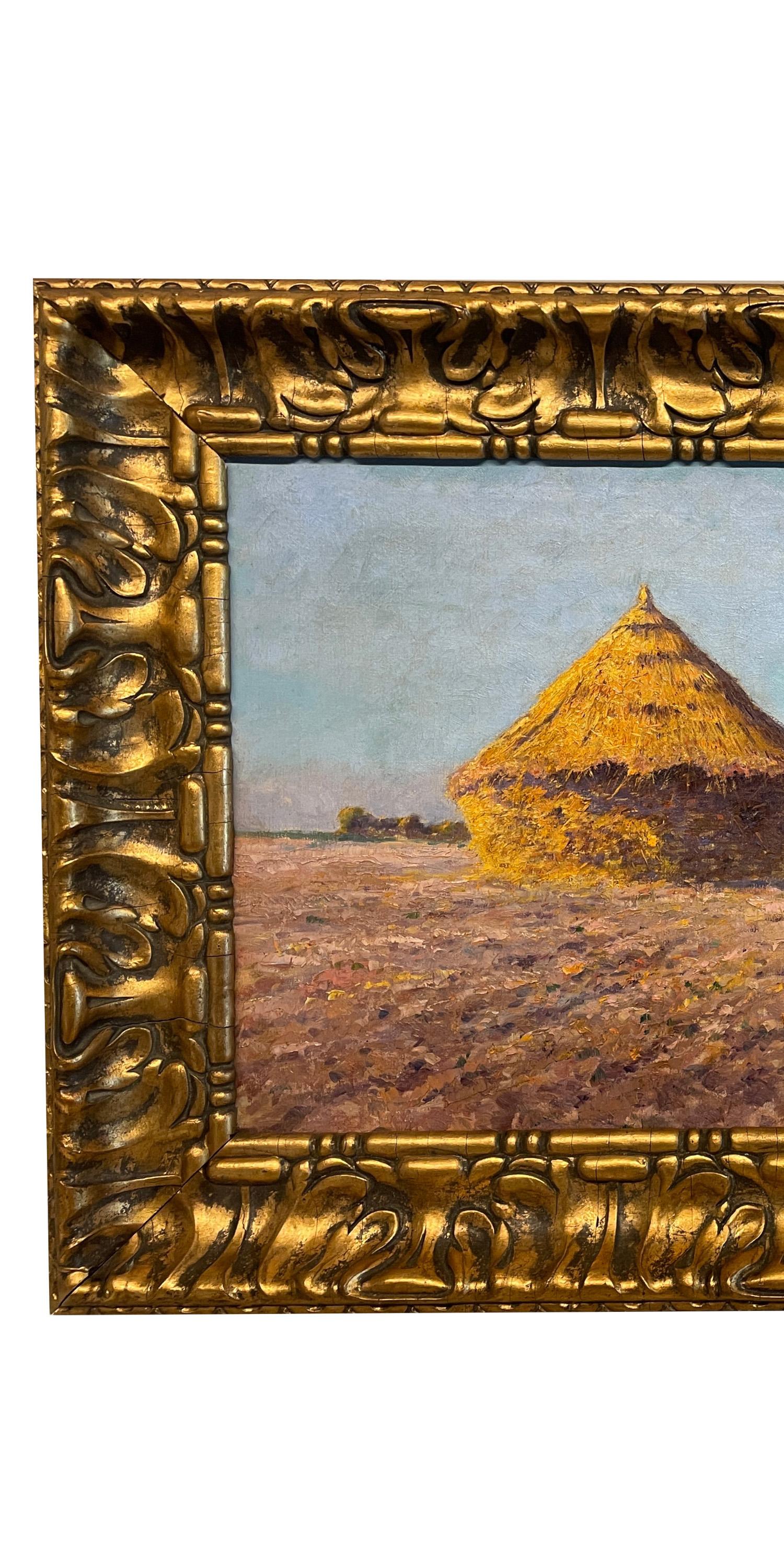 Antique French Post Impressionist Oil Painting Haystack Farm Landscape 1890 - Brown Landscape Painting by Max Bouvet