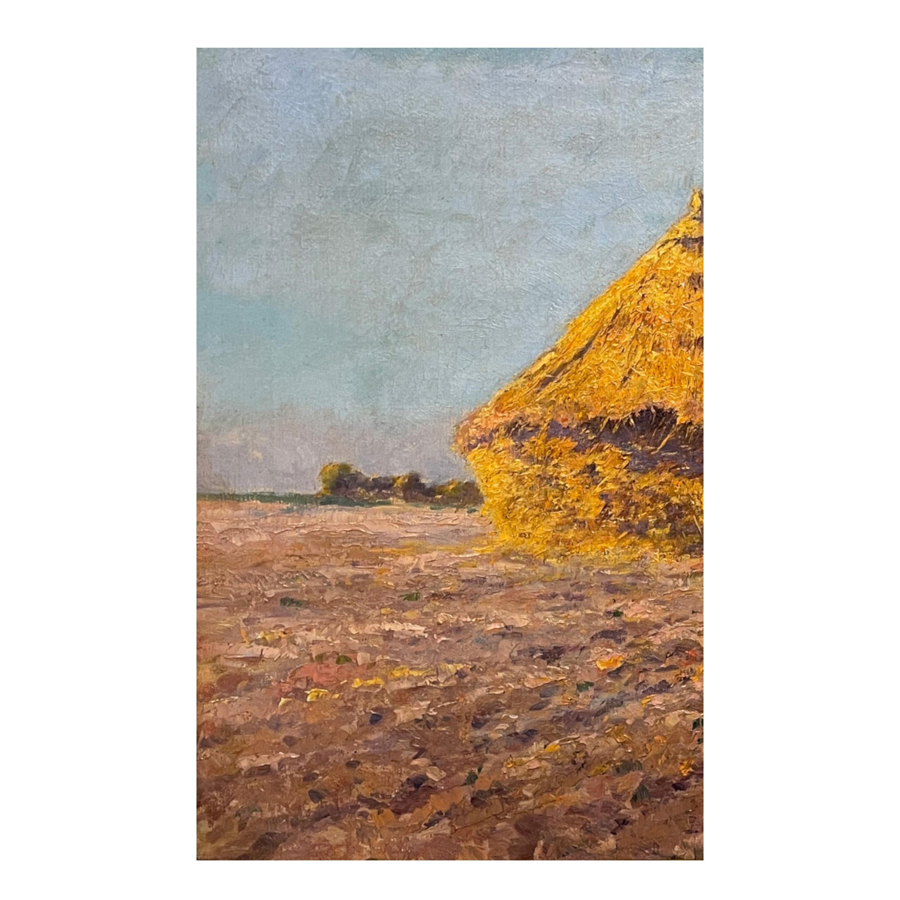Antique French Post Impressionist Oil Painting Haystack Farm Landscape 1890 For Sale 1