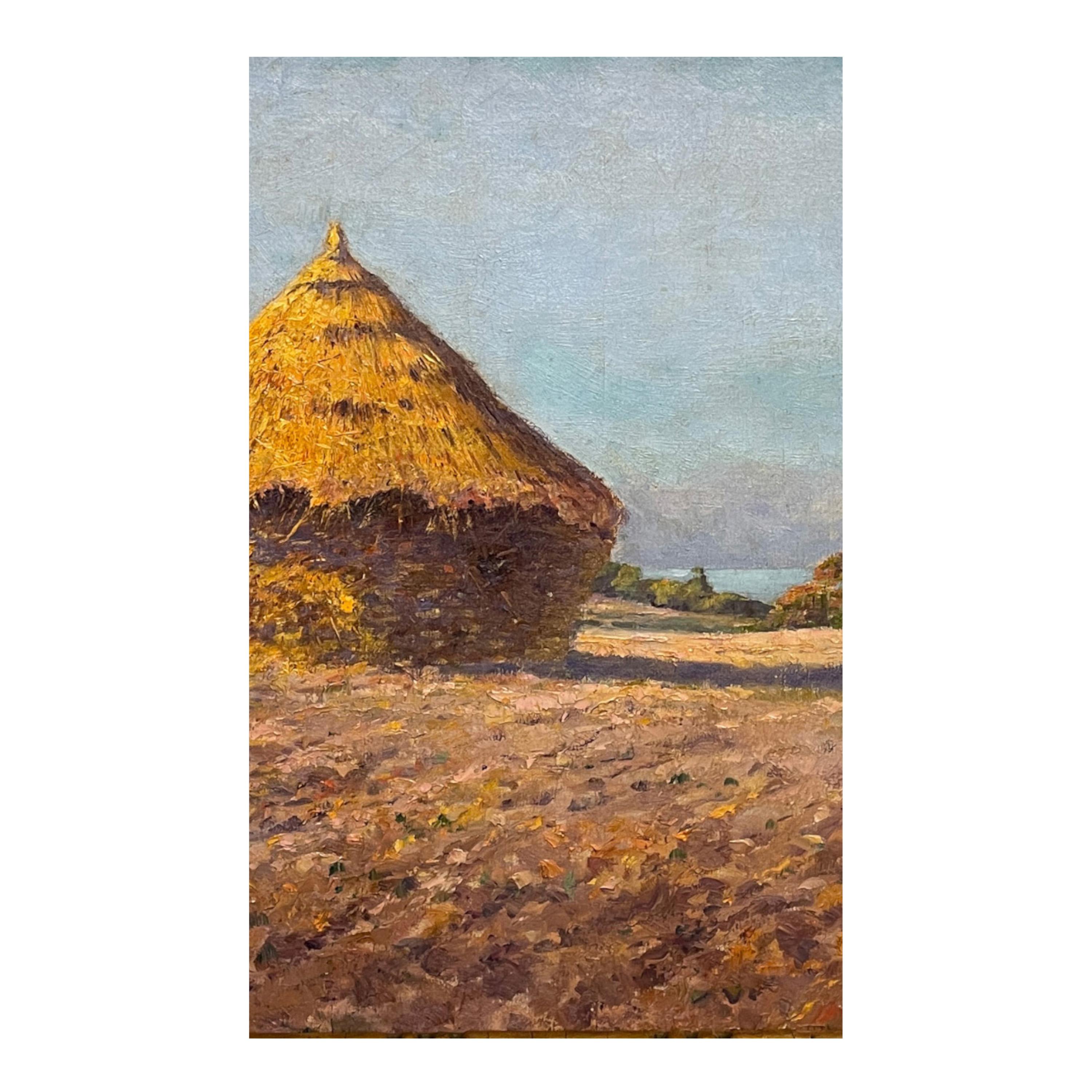 Antique French Post Impressionist Oil Painting Haystack Farm Landscape 1890 For Sale 2