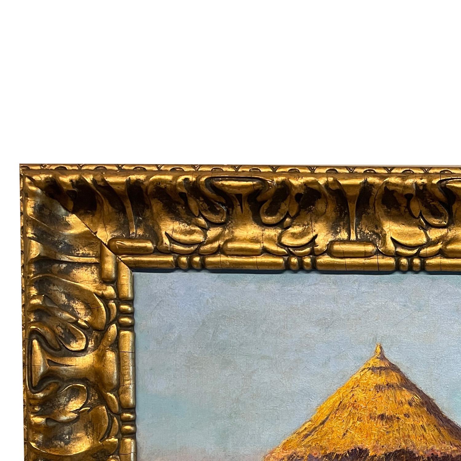 Antique French Post Impressionist Oil Painting Haystack Farm Landscape 1890 For Sale 4
