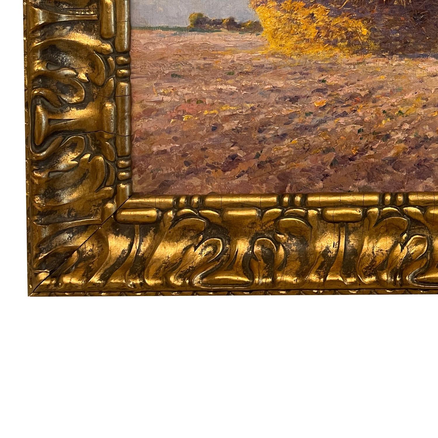 Antique French Post Impressionist Oil Painting Haystack Farm Landscape 1890 For Sale 6