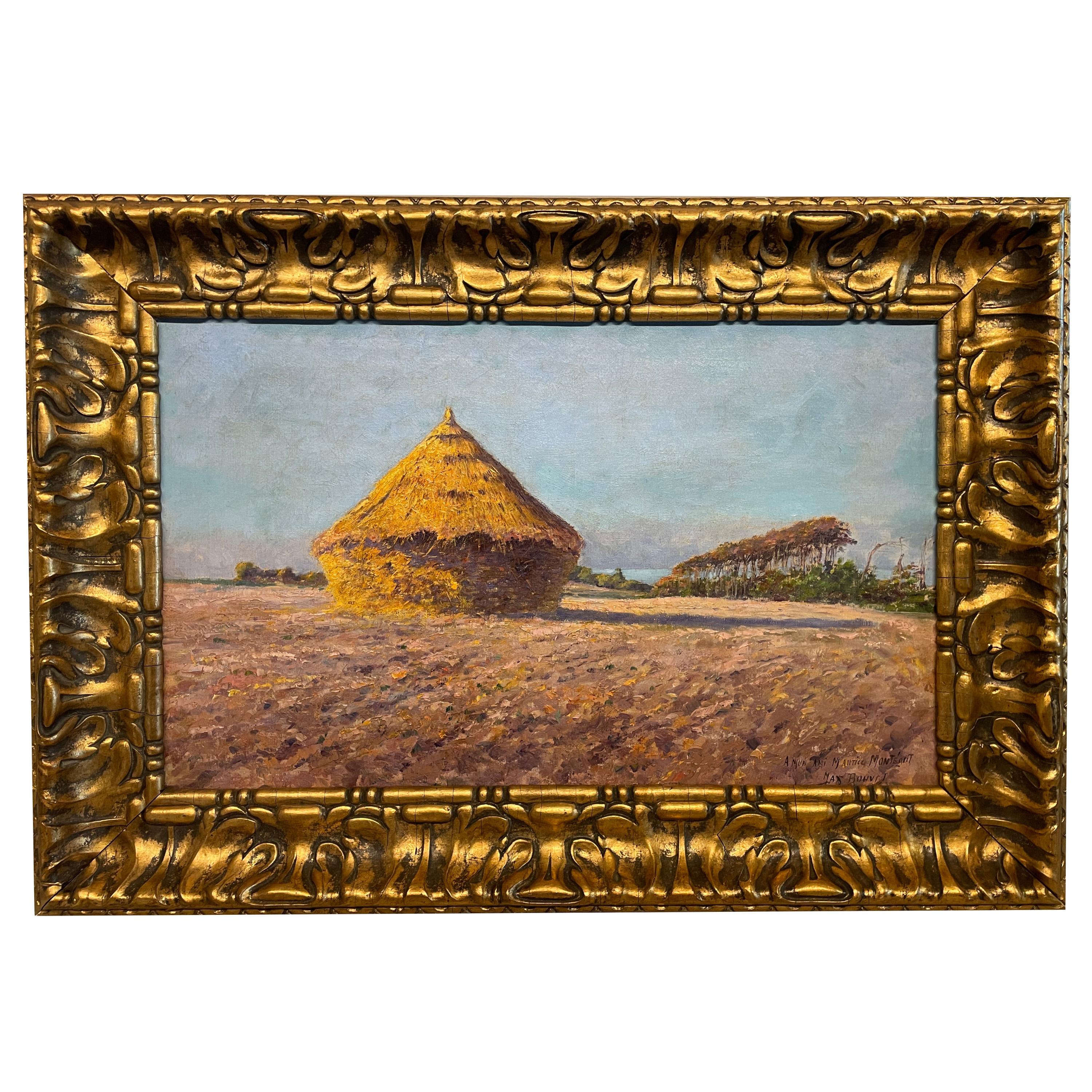 Max Bouvet Landscape Painting - Antique French Post Impressionist Oil Painting Haystack Farm Landscape 1890