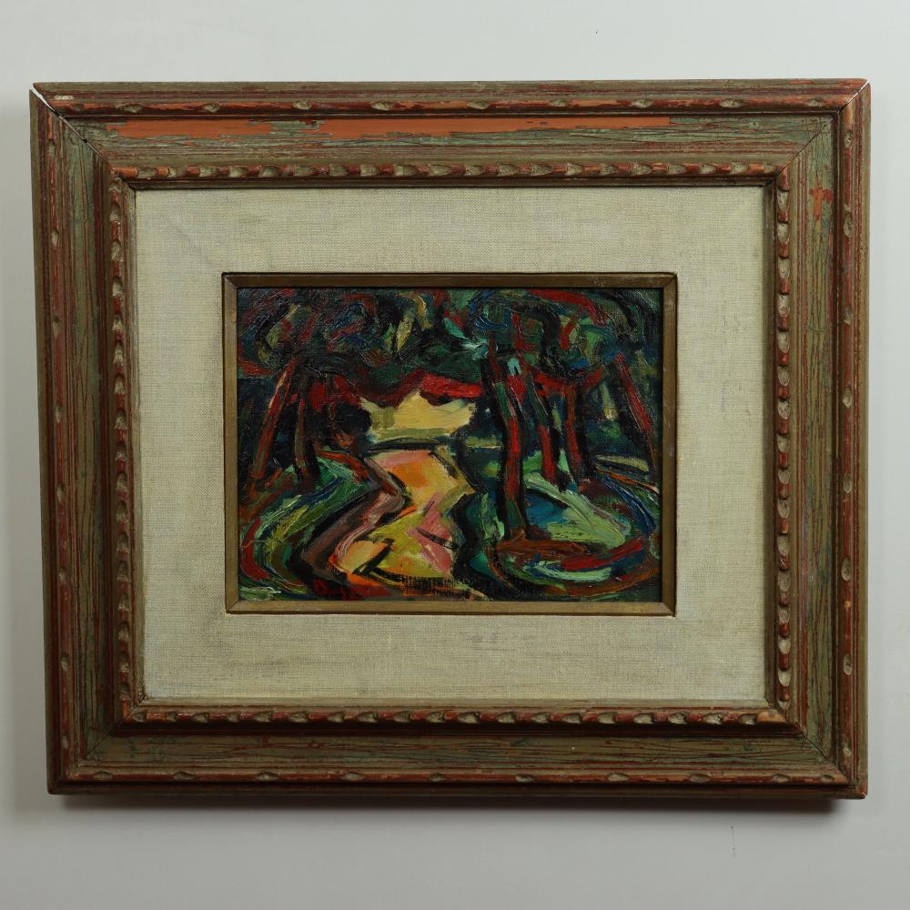 Expressionist Max Bugzester Polish/American Fauvist Landscape Oil Painting Circa 1940 For Sale