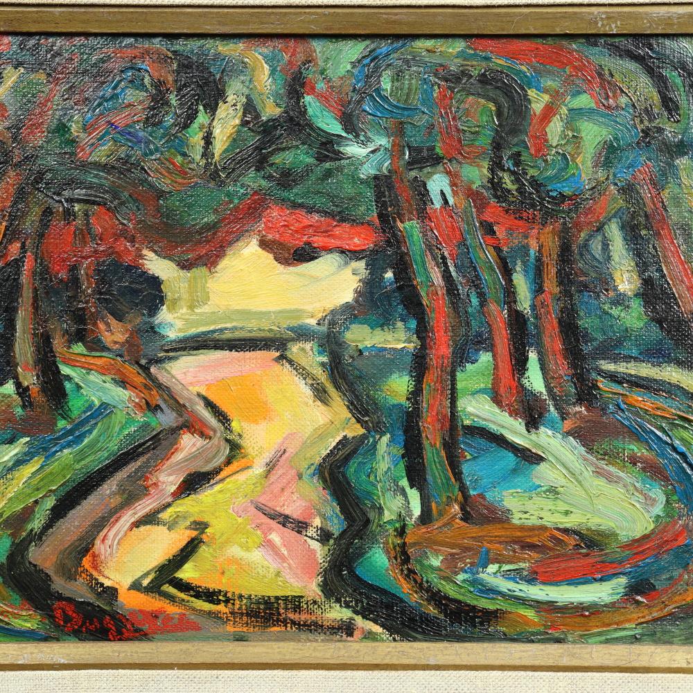 20th Century Max Bugzester Polish/American Fauvist Landscape Oil Painting Circa 1940 For Sale