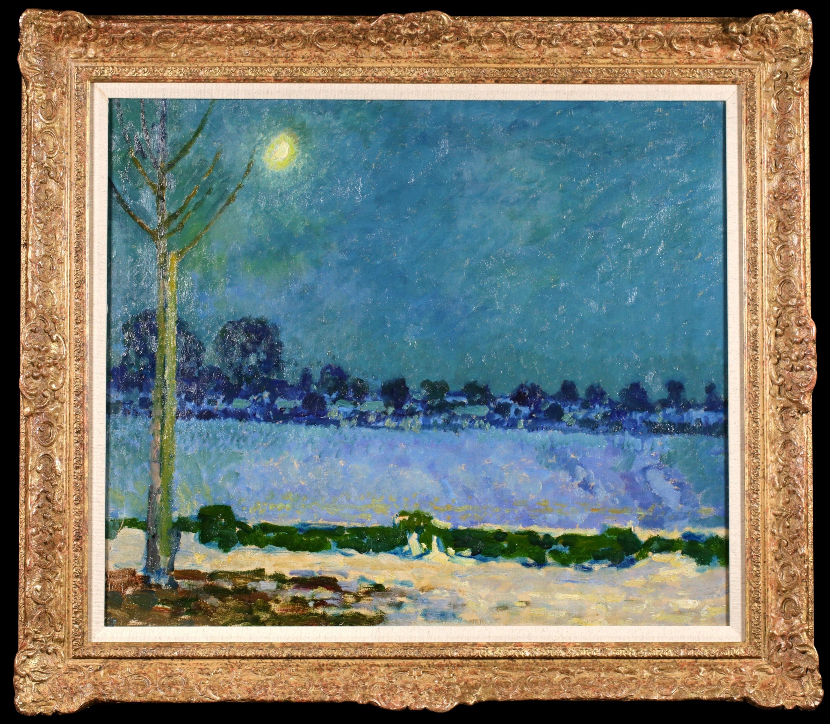 Signierte Öl auf Leinwand Landschaft circa 1930 von deutschen postimpressionistischen Maler Max Clarenbach. Das Werk zeigt eine Winterszene mit einer dicken Schneedecke auf dem Boden. Im Vordergrund steht ein kahler Baum, und der Boden wird vom