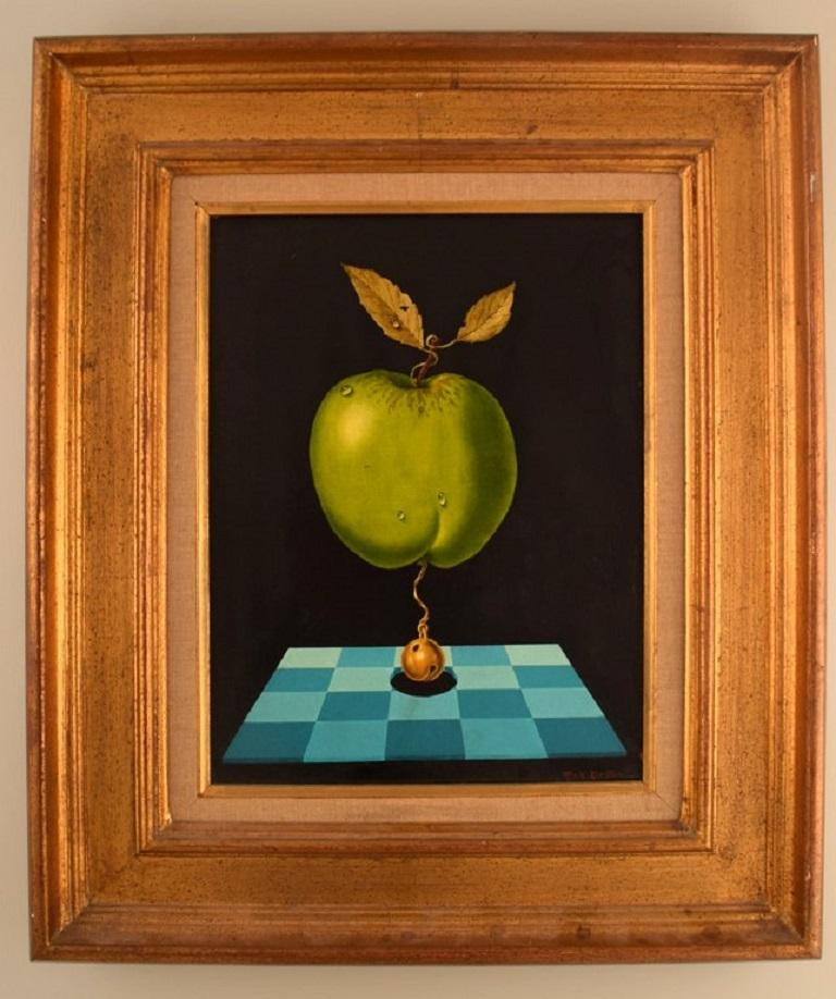 Max Danton, French artist. Oil on canvas. Surreal still life. 1980s.
The canvas measures: 33.5 x 25.5 cm.
The frame measures: 10 cm.
In excellent condition.
Signed.