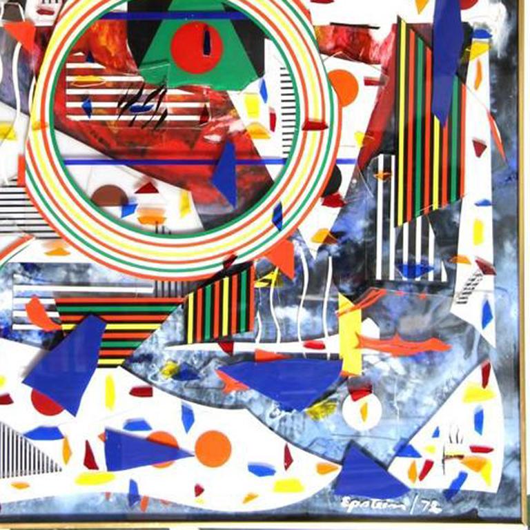 This Plexiglass collage was created by Canadian artist Max Epstein. Epstein's works often feature Canadian motifs and bright colors. This collage is signed and titled at the bottom, and measures 48 x 36 inches. It is in excellent condition.