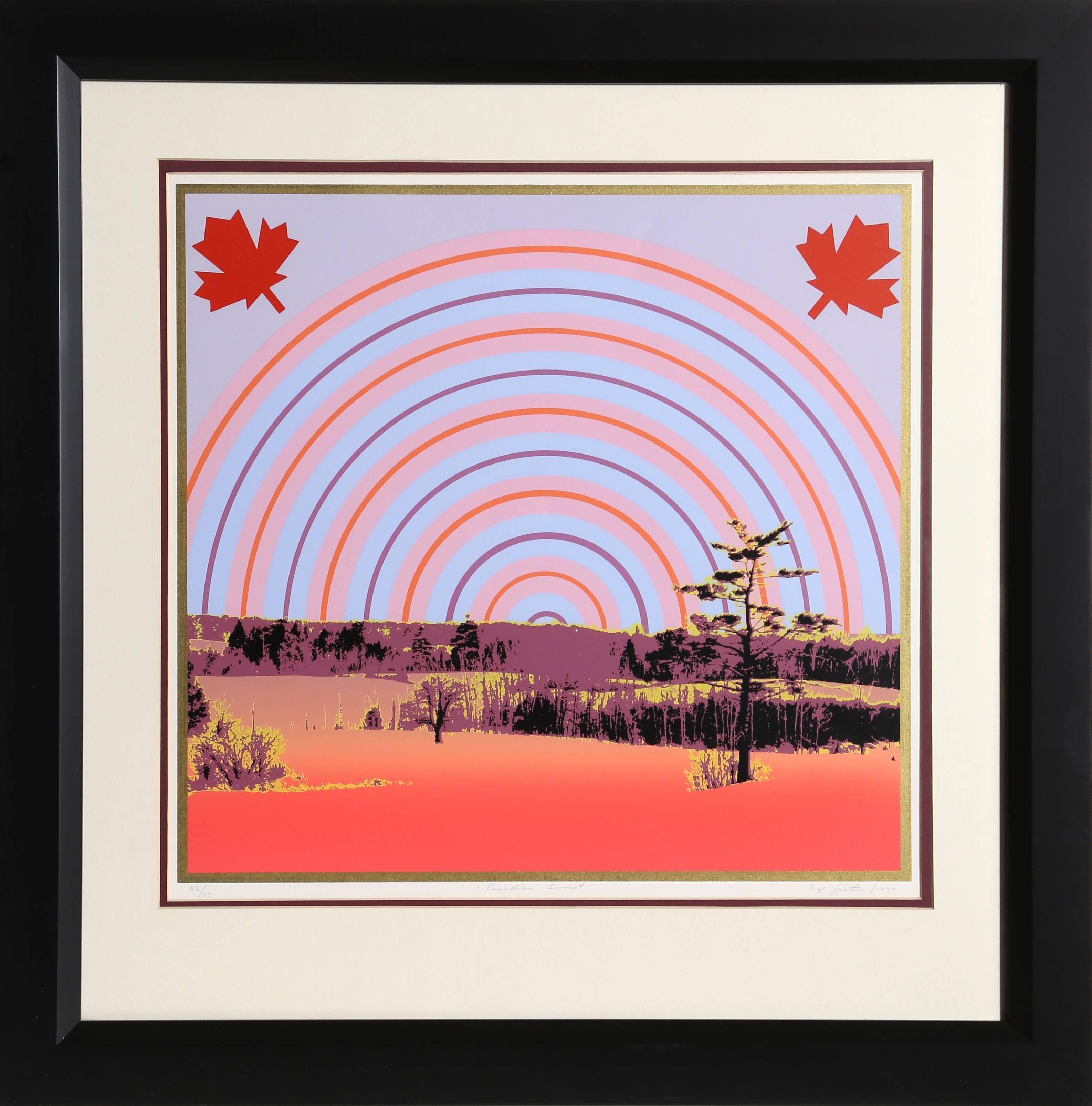 Künstler:  Max Epstein, Kanadier (1932 - 2002)
Titel:  Kanadischer Sonnenuntergang
Jahr:  1977
Medium:  Siebdruck, signiert und nummeriert mit Bleistift
Auflage:  66/75
Bildgröße:  17 x 18 Zoll
Rahmengröße:  27 x 27 Zoll