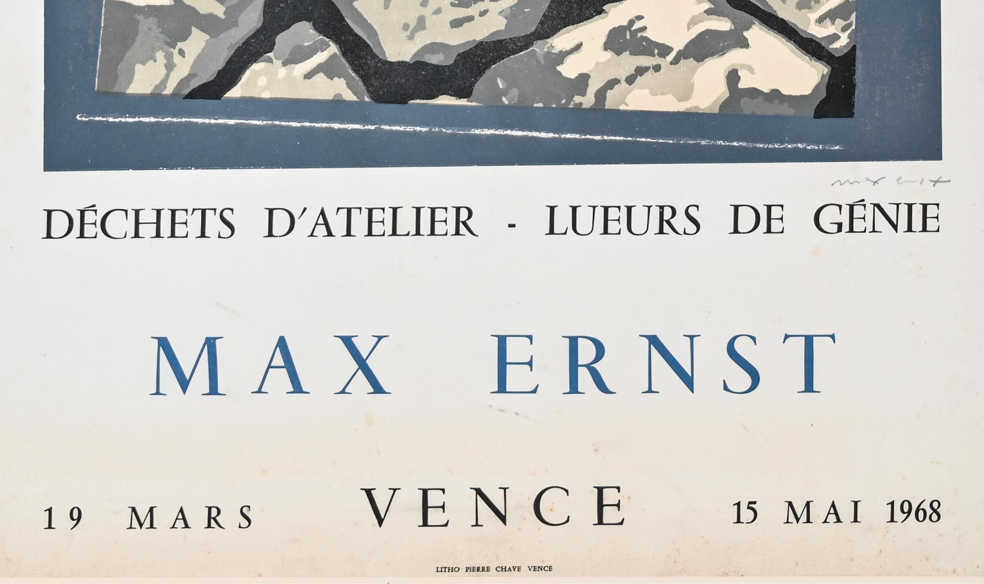 Signed Max Ernst original lithographic poster from the “Déchets d’Atelier” exhibition held at Galerie Alphonse Chave in Vence 1968
hand signed in pencil
France circa 1968,

Max Ernst initially studied art history. When he met August Macke in 1910,