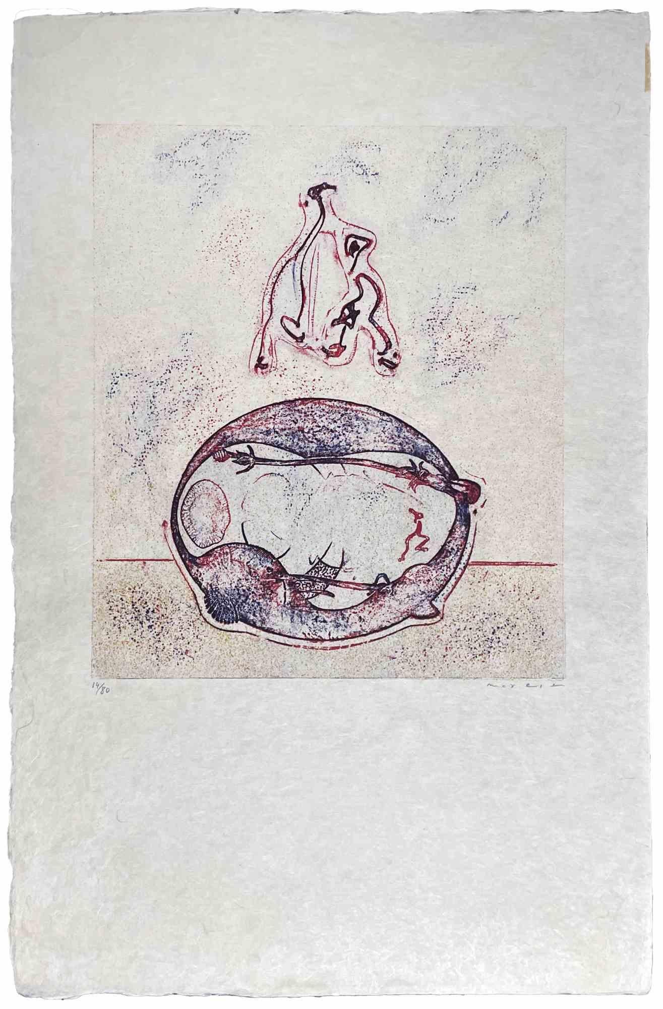 Après moi est une œuvre d'art revisitée par Max Ernst en édition de luxe pour le magazine d'art XXème Siècle. Lithographie sur papier japonais, 1971. 
Édition 14/80. Signé à la main et numéroté. 29 x 25 cm Prov. Coll. Jorg Kees.
Très bon état.