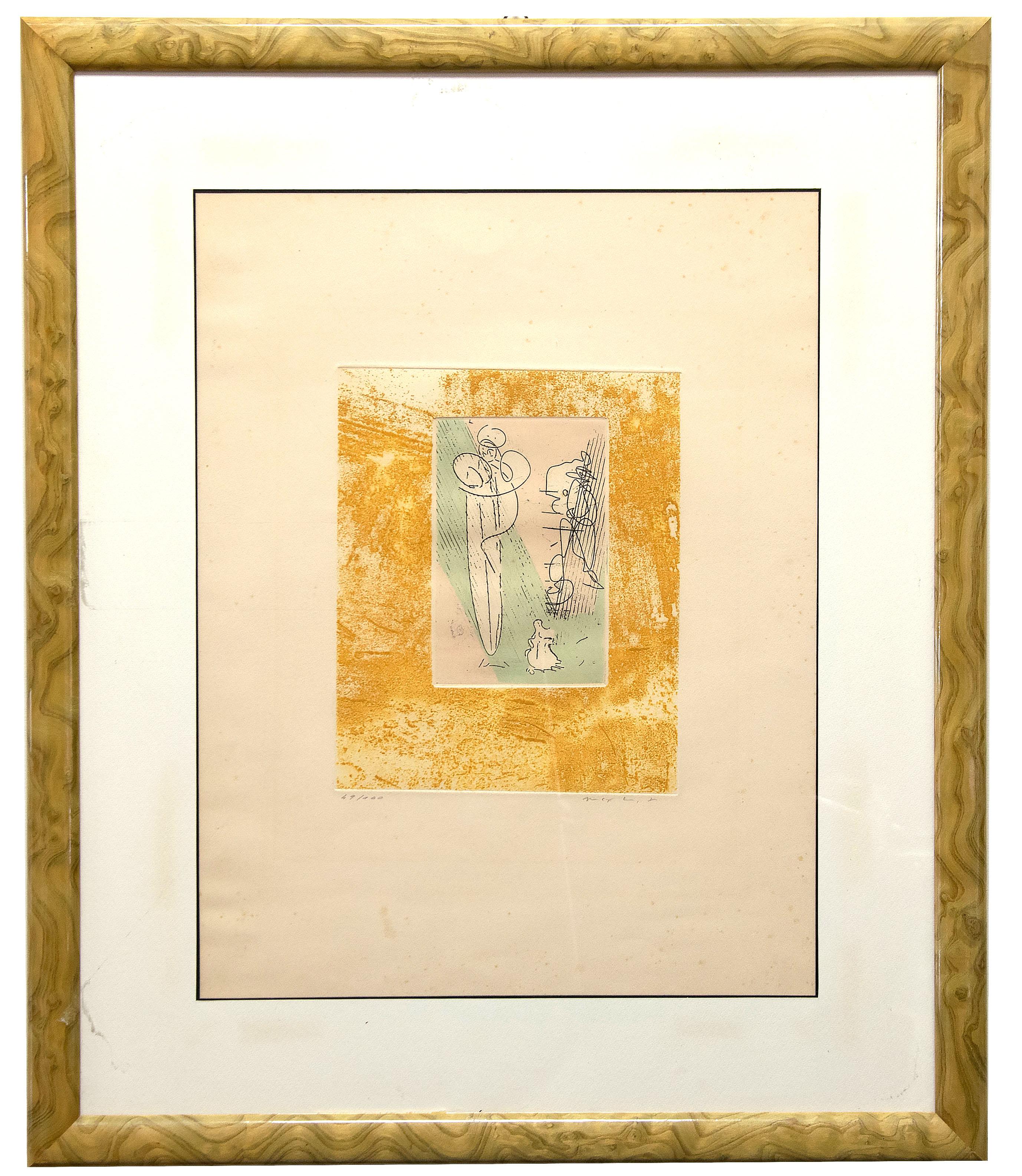 Composition is an original colored print realized by the famous Surrealist artist Max Ernst. 

Etching and aquatint on paper. Image dimensions: 24 x 19.5 cm.

Hand signed on the lower right margin. Numbered on the left margin. Edition of 100.