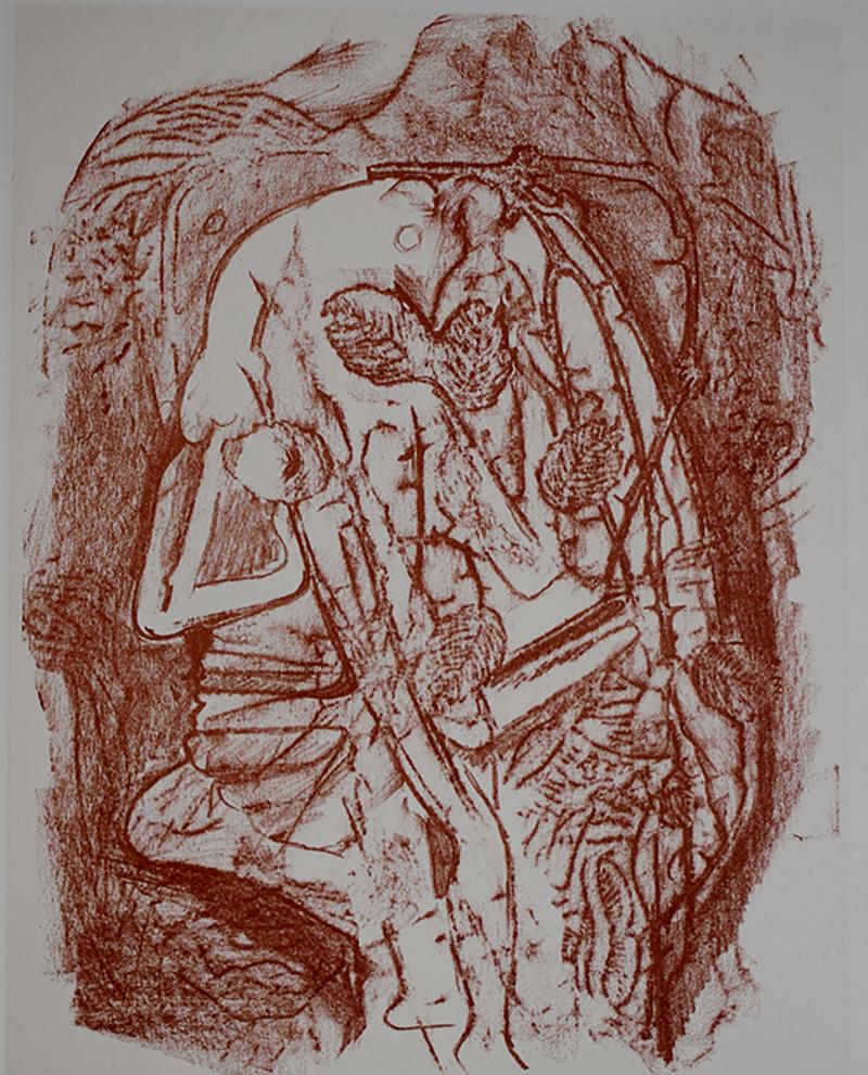 Le parquet se soulève, 1939 (Rouge) - Gris Figurative Print par Max Ernst