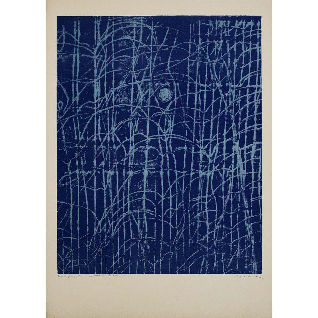 Max Ernst’s La forêt à l’aube (The Forest at Dawn) is a hauntingly poetic original lithograph created in 1958 for the renowned Parisian exhibition, the Salon de Mai. This particular example is hand-signed and personally dedicated by Ernst, adding a