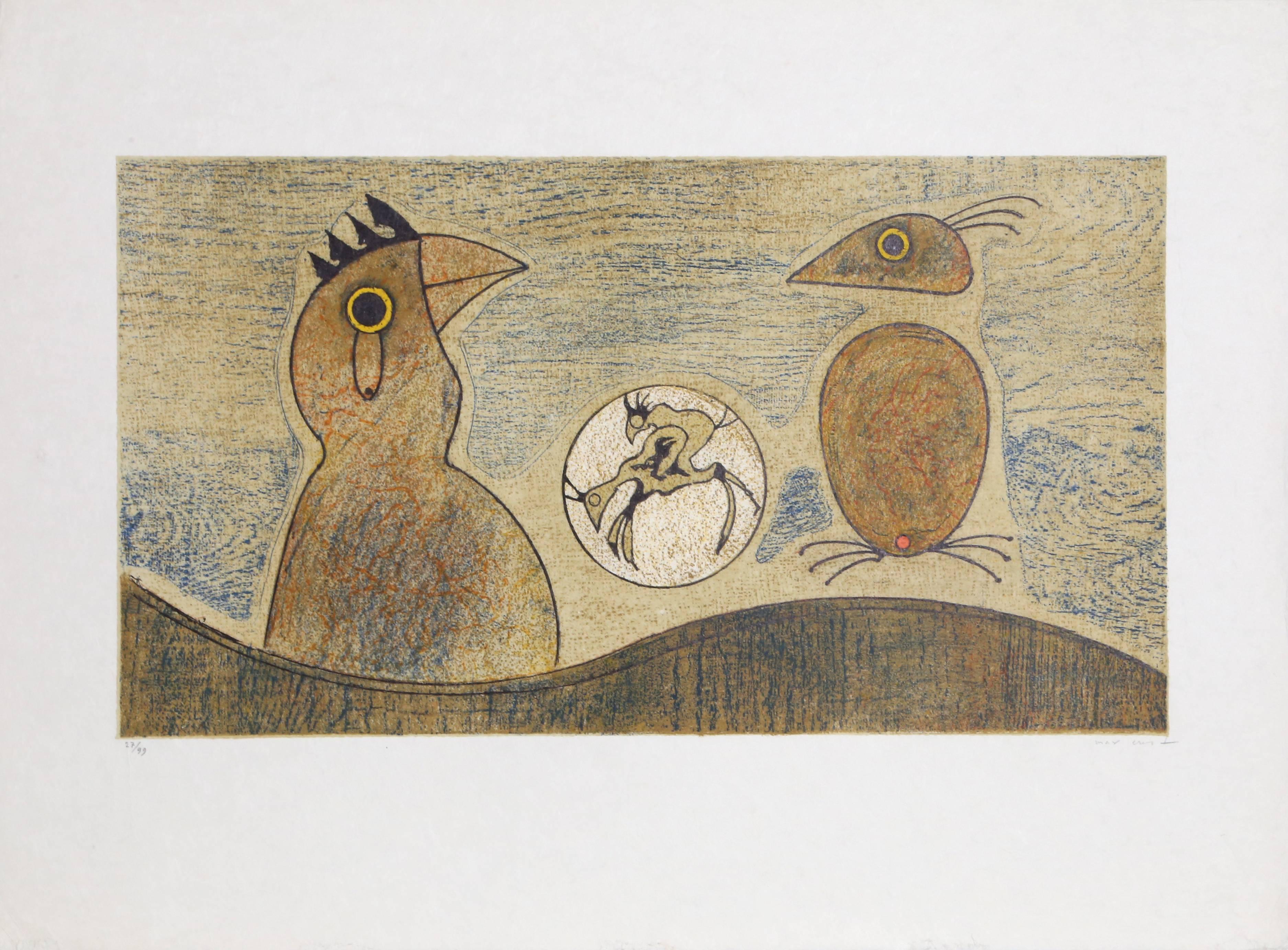 Artistics : Max Ernst, Allemand (1891 - 1976)
Titre : Oiseaux Souterrains
Année : 1975
Support : Lithographie sur papier Japon, signée et numérotée au crayon
Edition : 99
Taille de l'image : 13.5 x 24.5 pouces
Taille : 22.5 x 30 in. (57.15 x 76.2 cm)