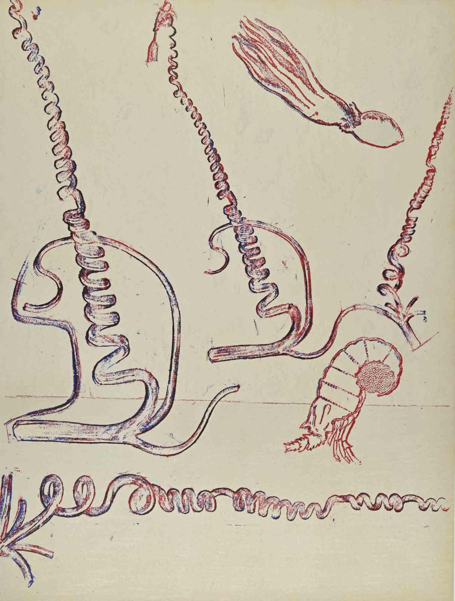 Surrealist Pink Composition Lithograph, 1974, Unframed, Excellent