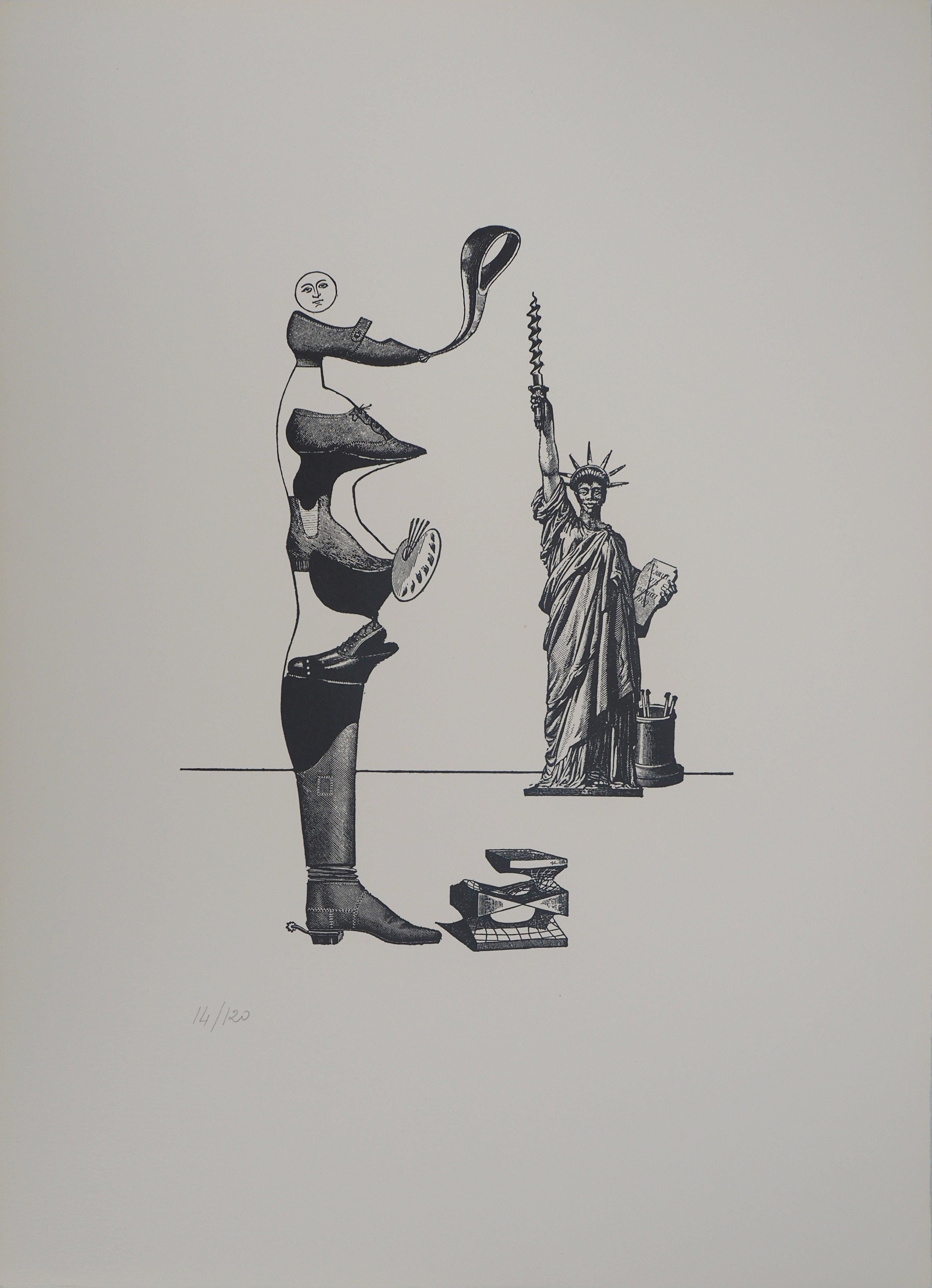 Shoe artist and Statue of Liberty - Original lithograph - Limited / 120 copies - Print by Max Ernst