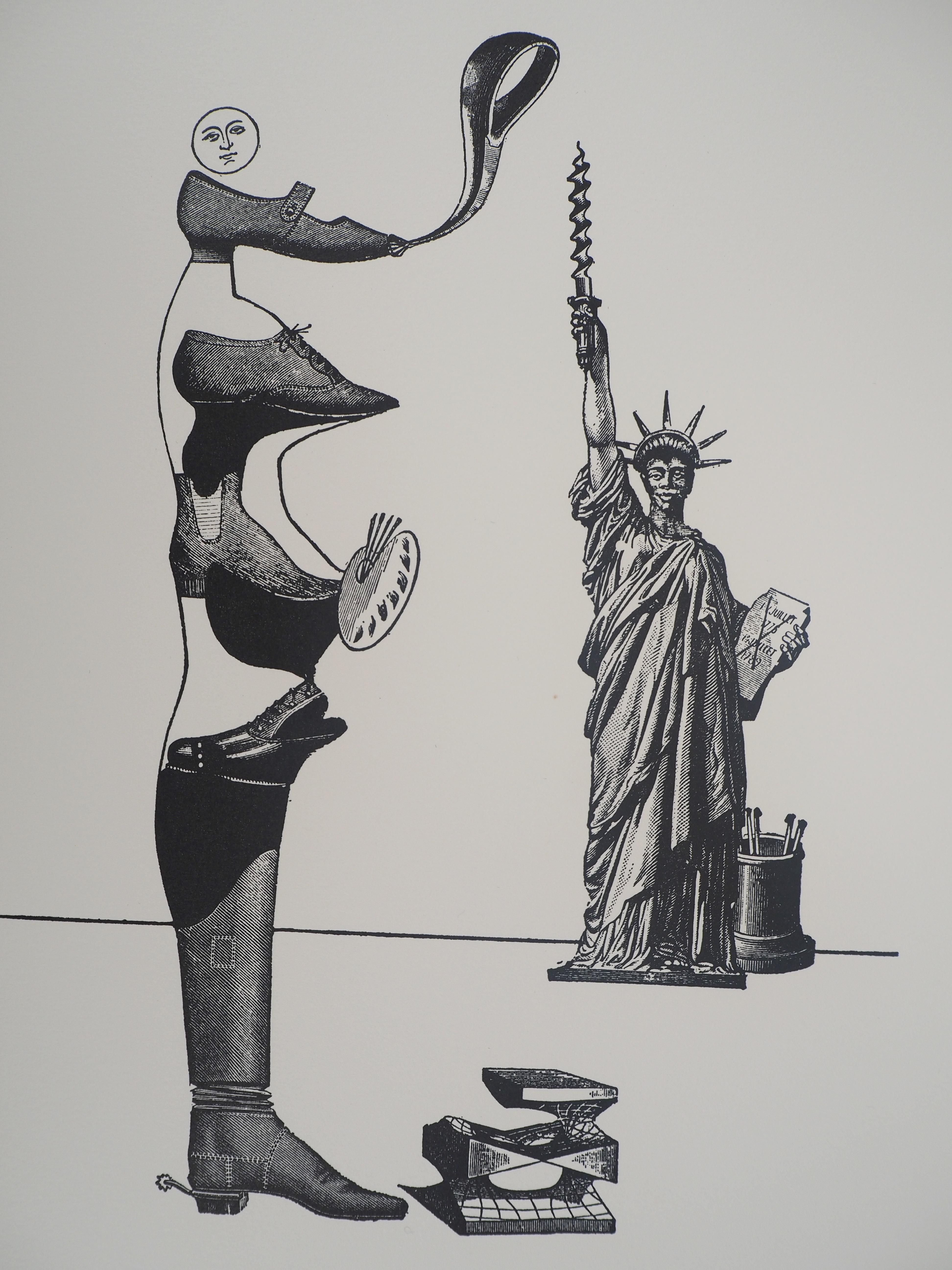 Shoe artist and Statue of Liberty - Original lithograph - Limited / 120 copies - Surrealist Print by Max Ernst