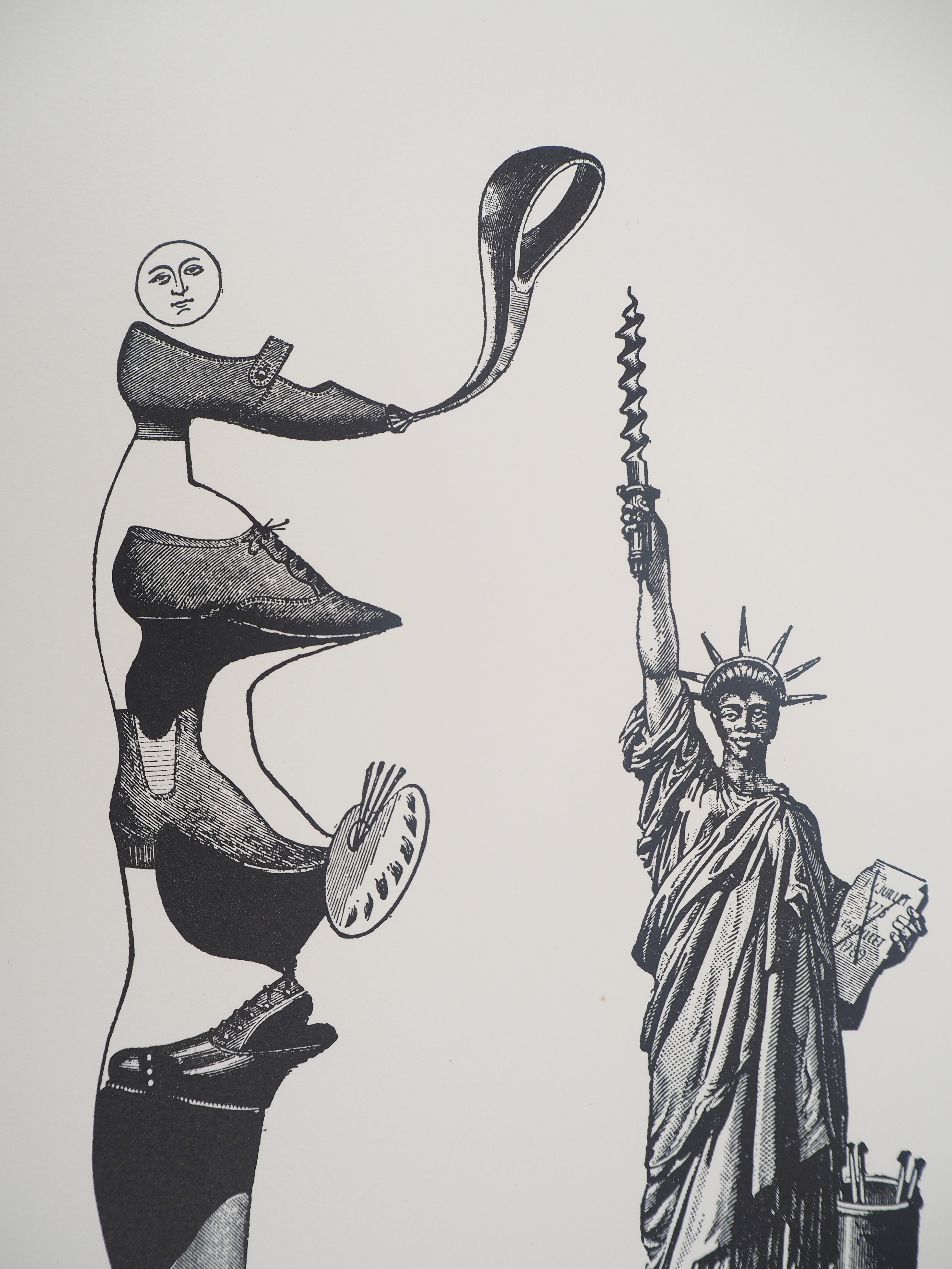 Shoe artist and Statue of Liberty - Original lithograph - Limited / 120 copies - Gray Figurative Print by Max Ernst