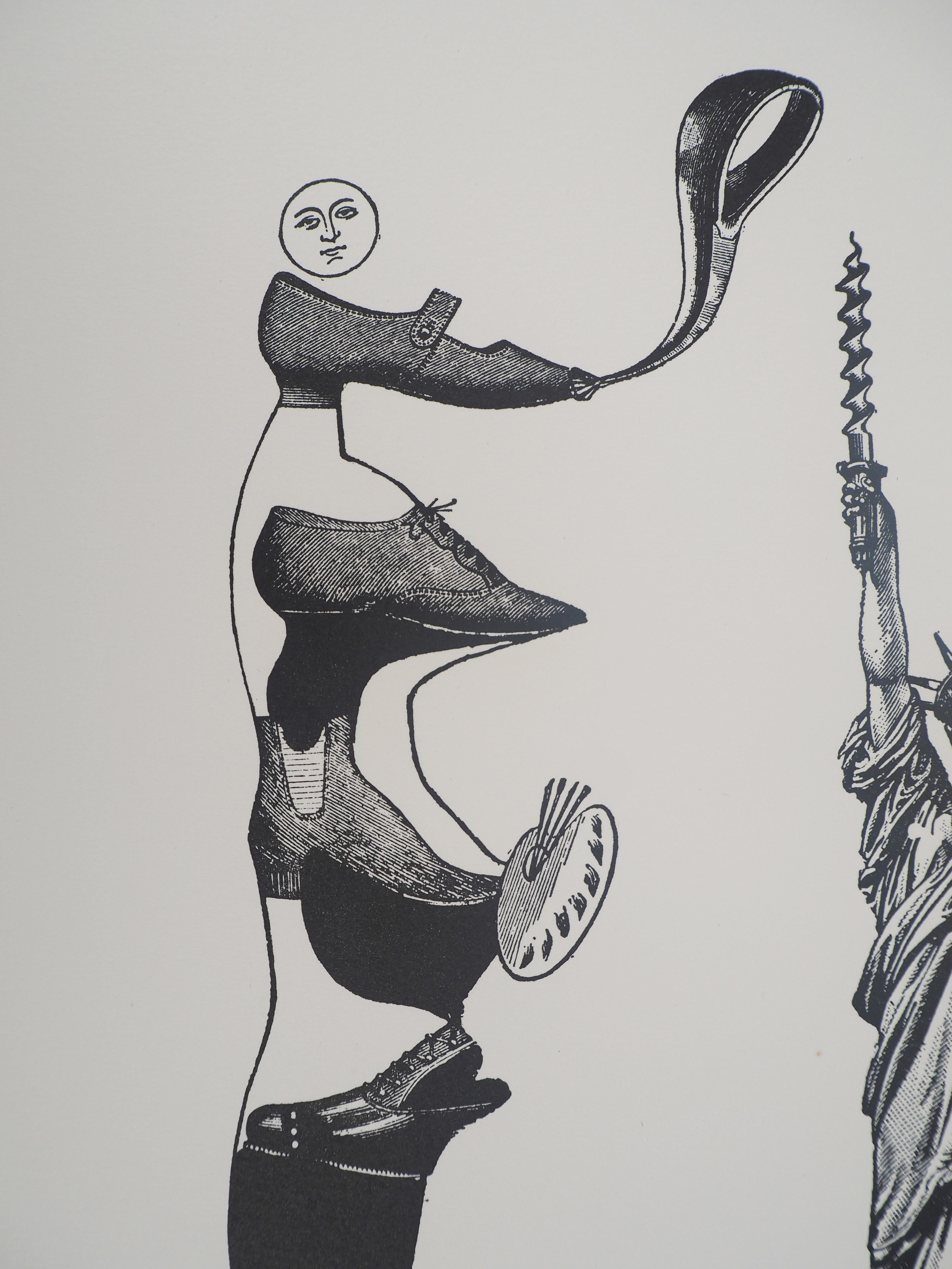 Max ERNST (1891-1976)
Shoe artist and Statue of Liberty, c. 1974

Original lithograph
Unsigned
Numbered / 120 copies
On Arches vellum 52 x 37.5 cm

INFORMATION: Lithograph created for the album La Logique Assassine, published in 1975. In 1973, the