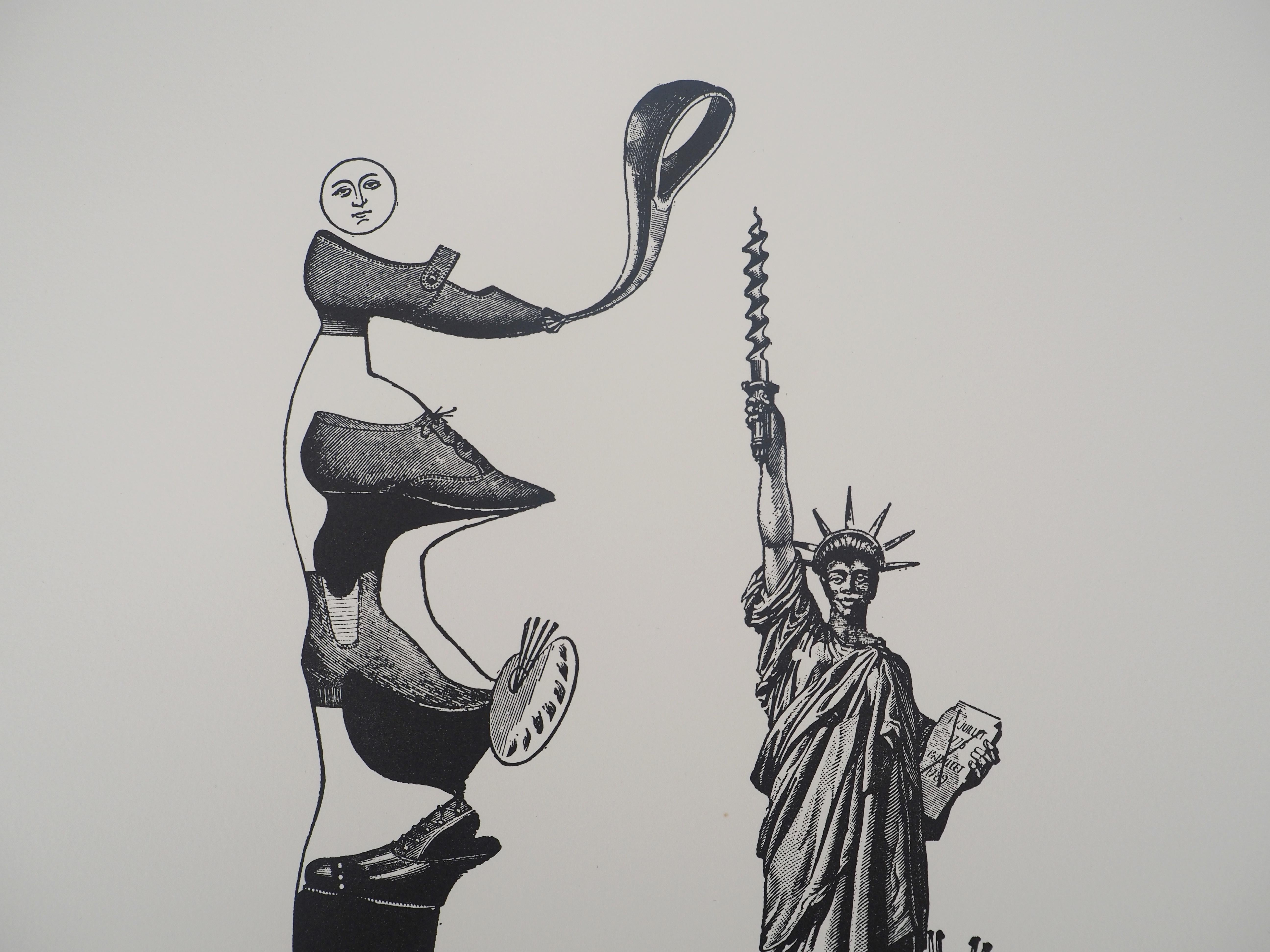 Shoe artist and Statue of Liberty - Original lithograph - Limited / 120 copies For Sale 2