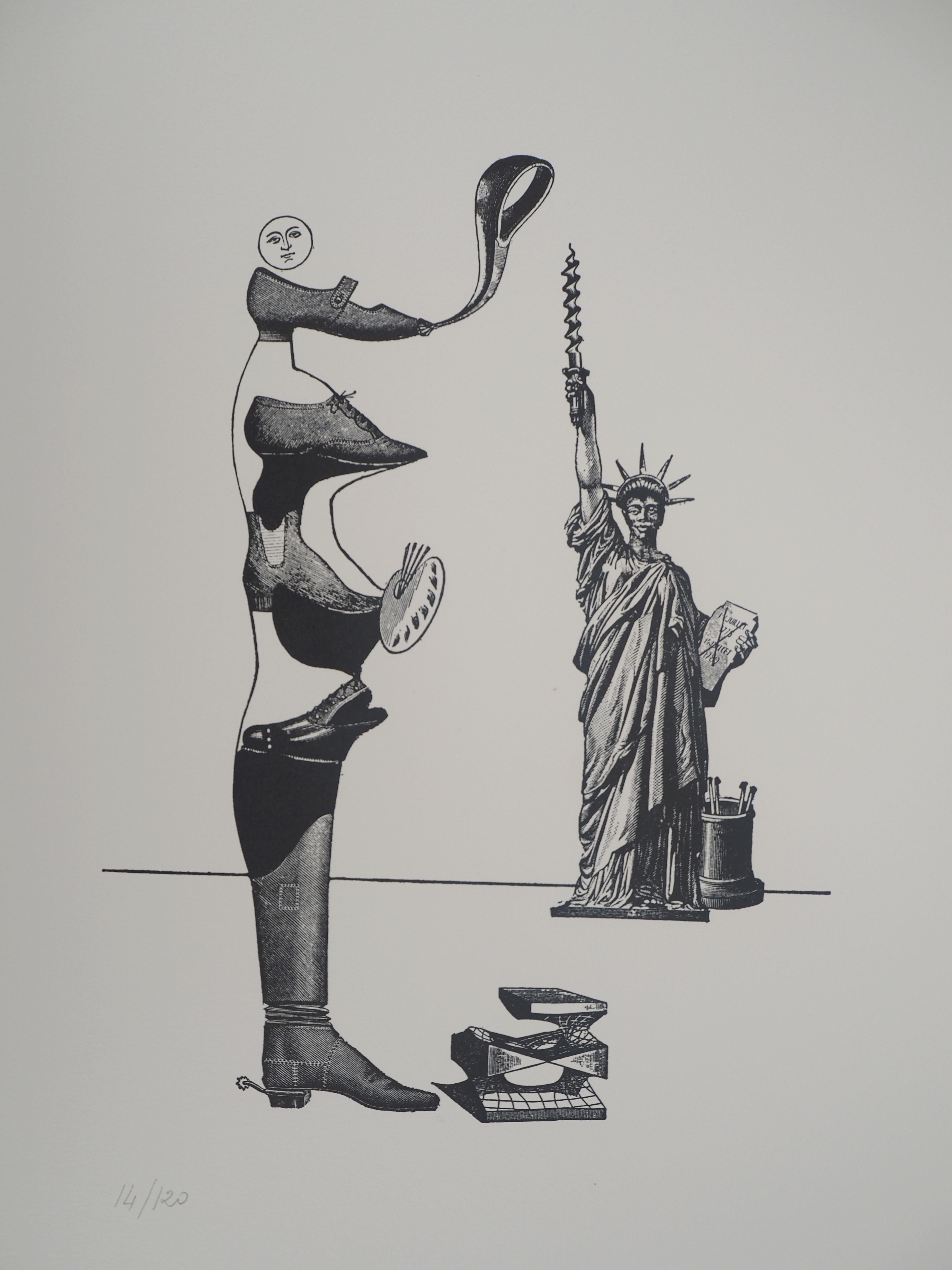 Max Ernst Figurative Print - Shoe artist and Statue of Liberty - Original lithograph - Limited / 120 copies