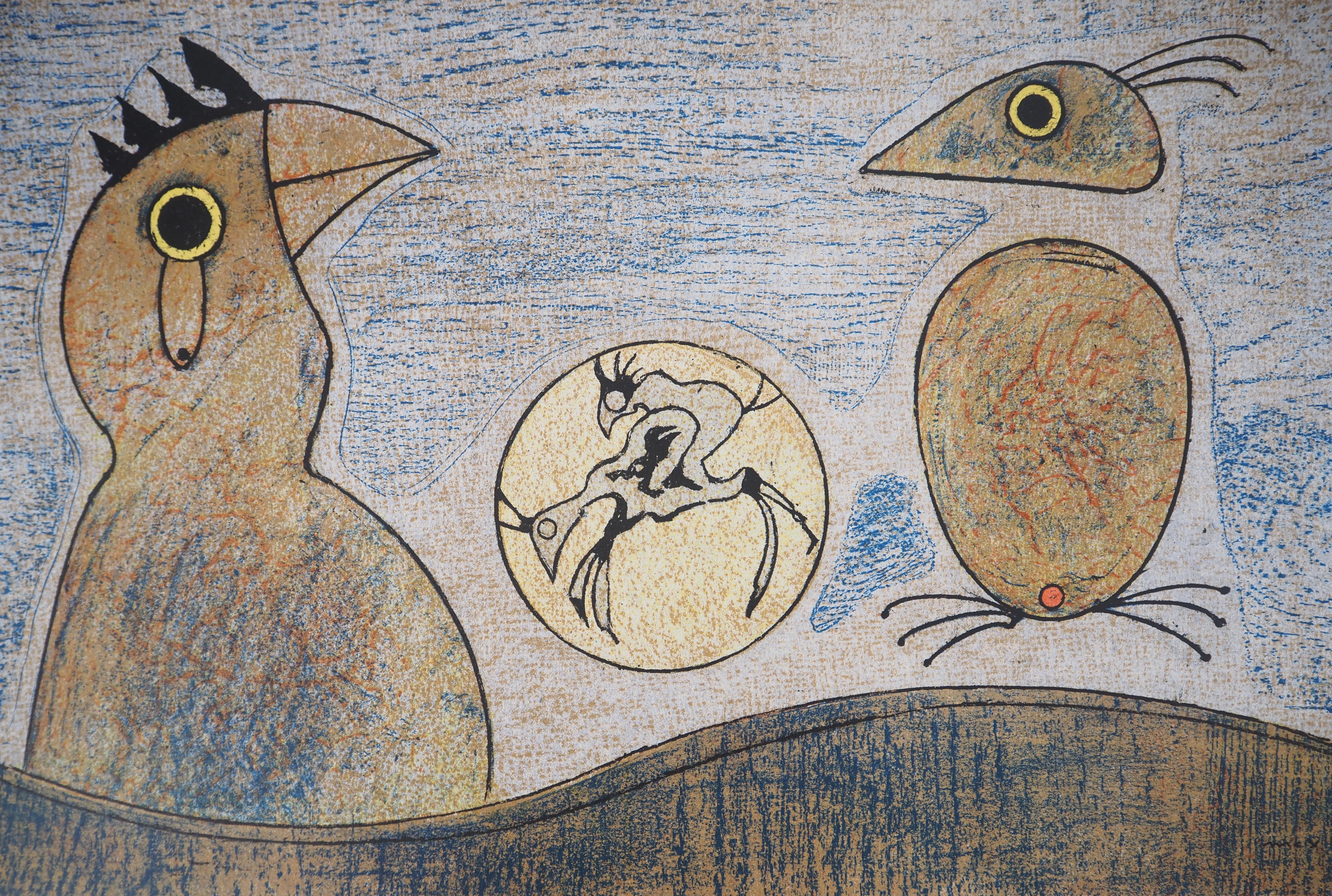 Surrealist Dream : Couple of Roosters - Original lithograph (Spies #p. 438) - Print by Max Ernst