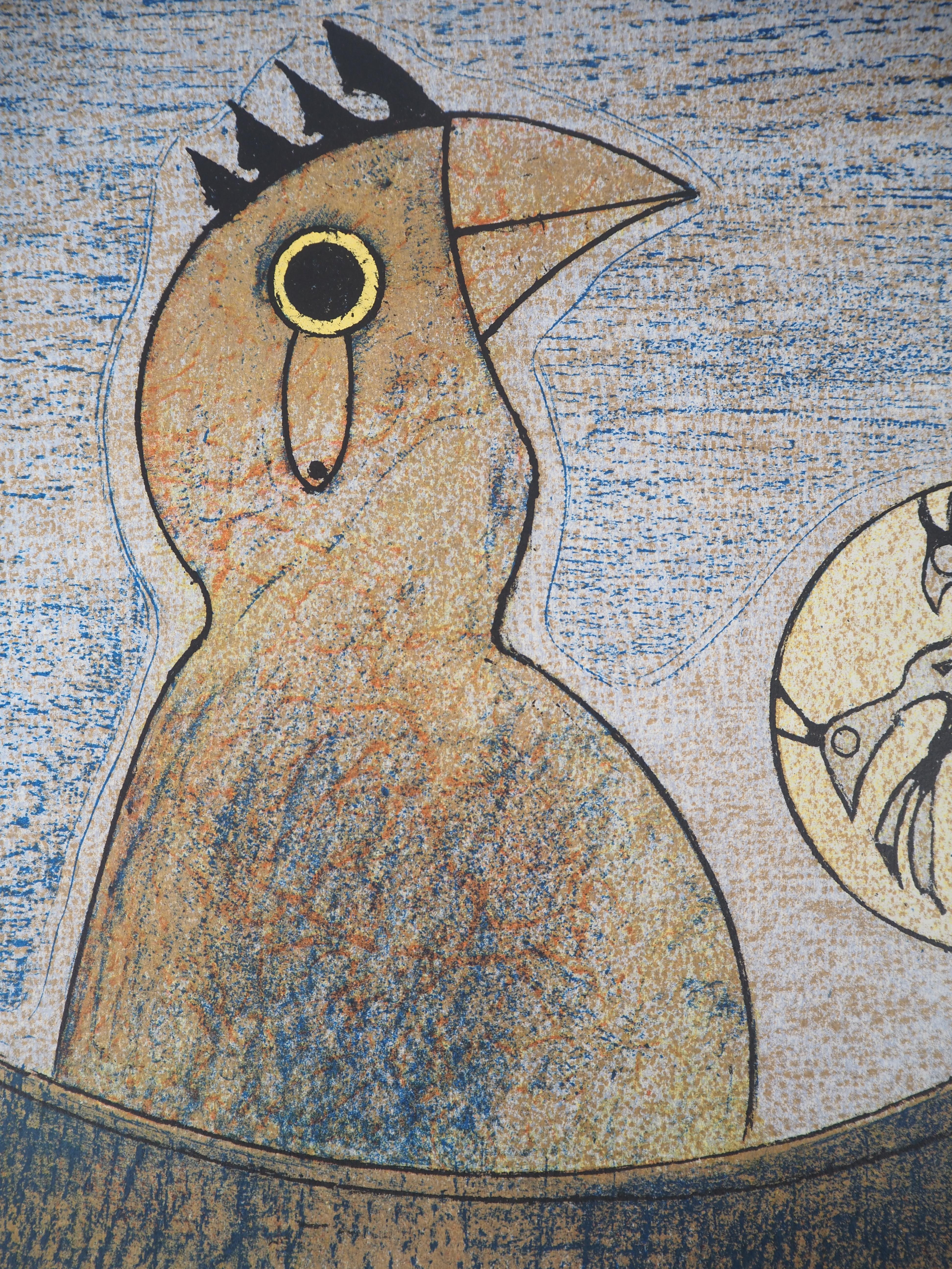 Surrealist Dream : Couple of Roosters - Original lithograph (Spies #p. 438) - Gray Animal Print by Max Ernst