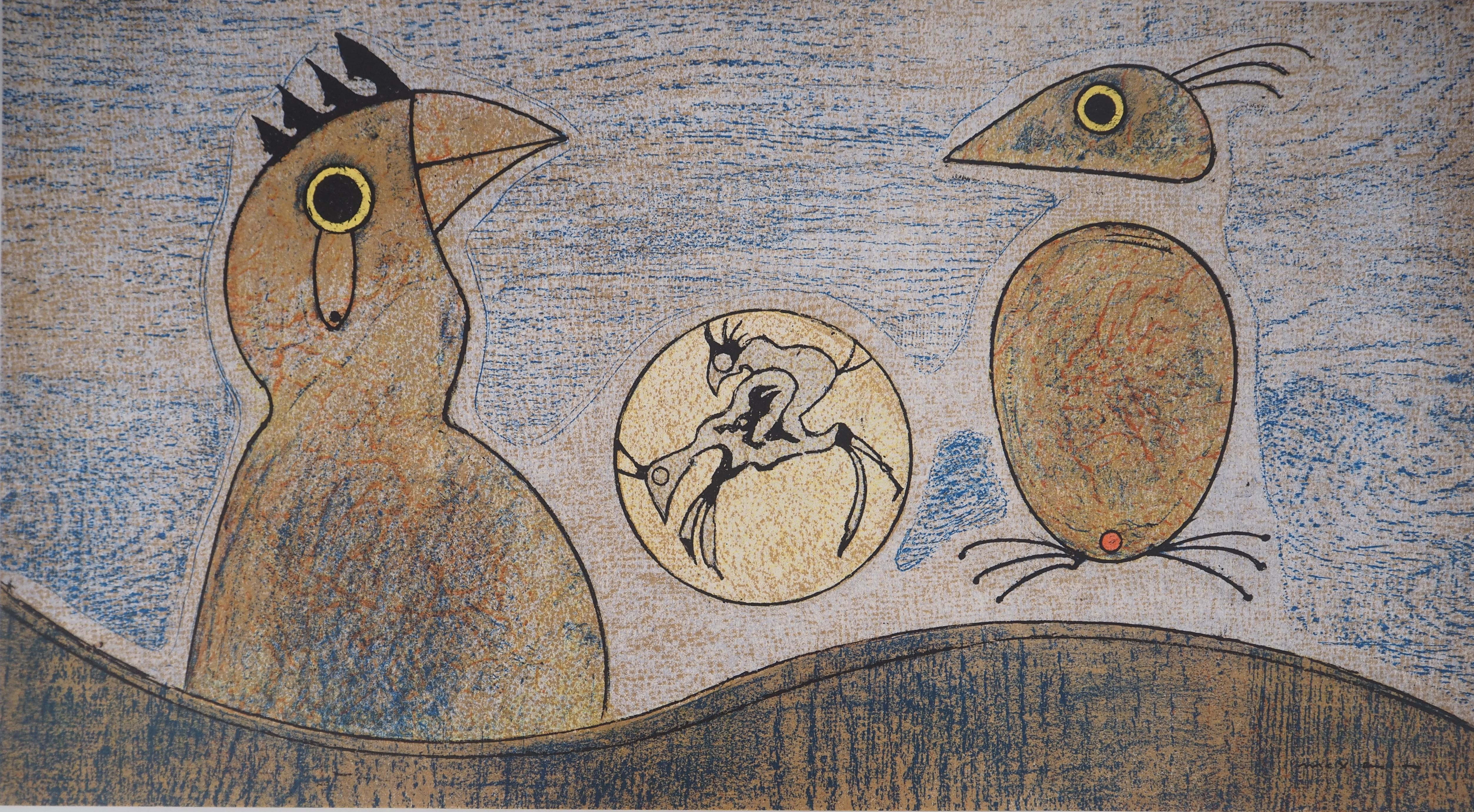 Max Ernst Animal Print – Surrealistischer Traum: Ein Paar Hahnen – Originallithographie (Spies #p. 438)