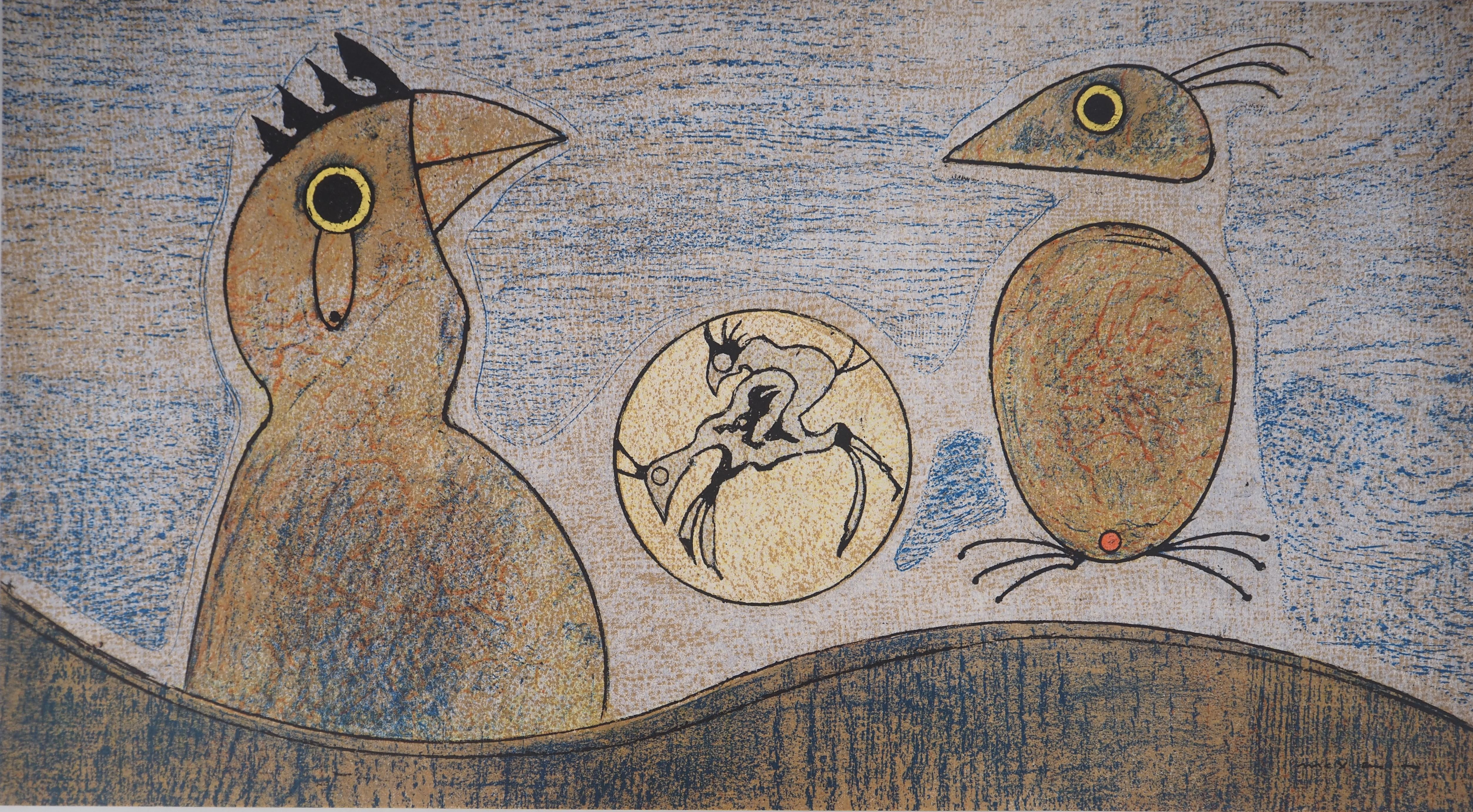 Animal Print Max Ernst - Surrealist Dream : Couple of Roosters - Original lithograph (Spies #p. 438)