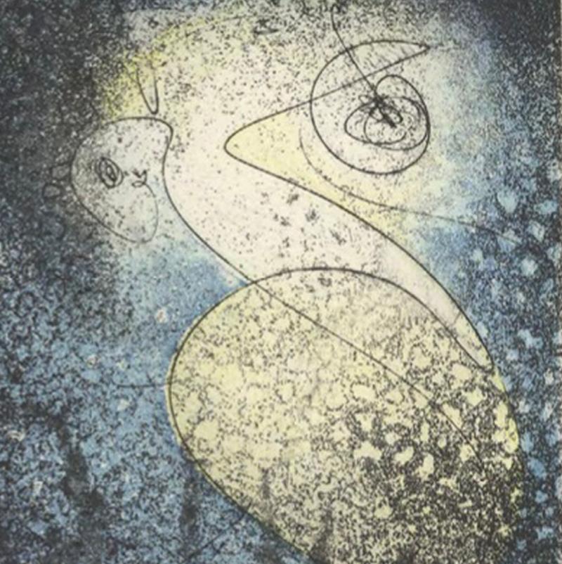 Ohne Titel 1965 #107A Surrealist - Radierung & Aquatinta in Farben Blau Gelb Schwarz (Surrealismus), Print, von Max Ernst