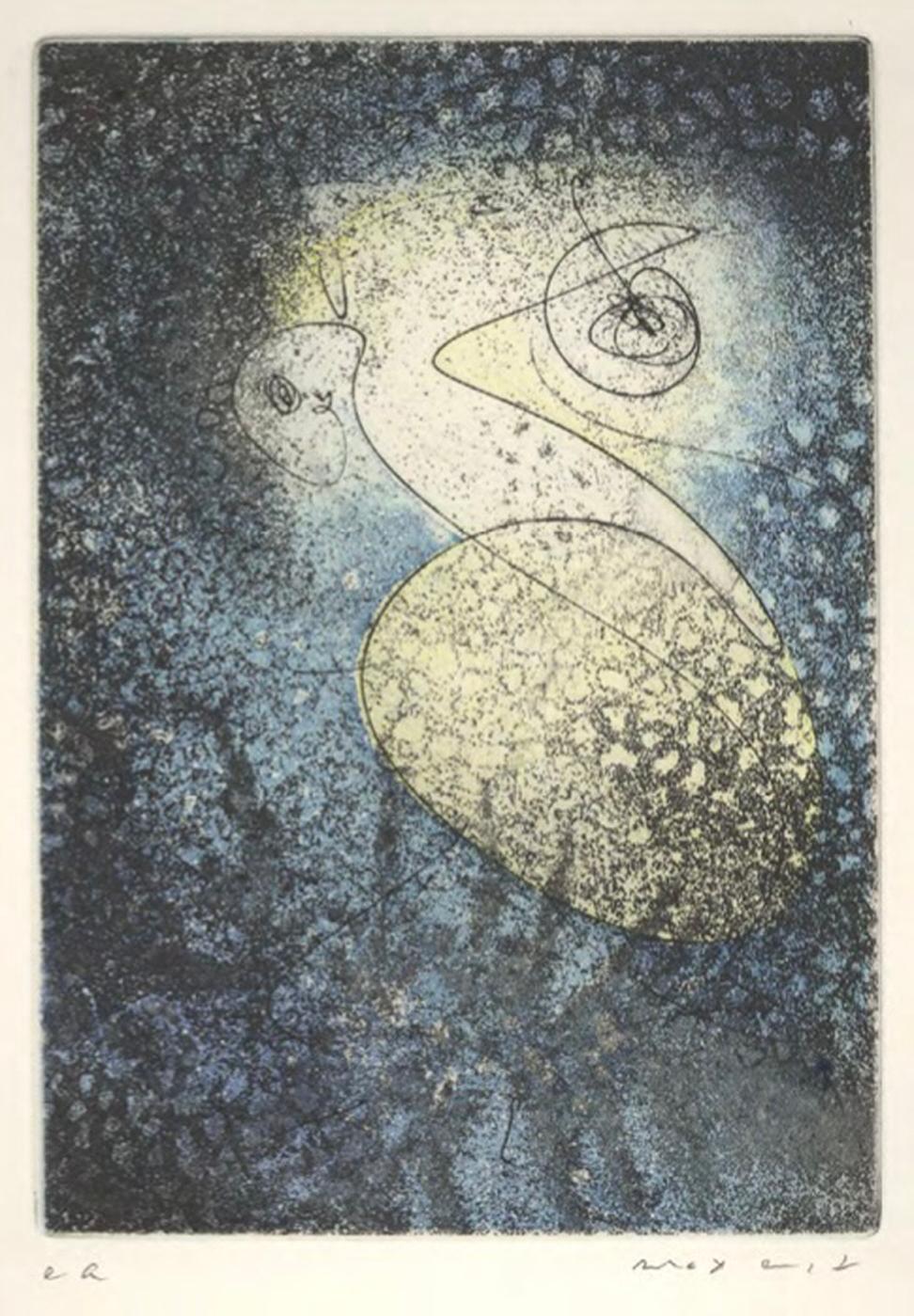 Max Ernst Abstract Print – Ohne Titel 1965 #107A Surrealist - Radierung & Aquatinta in Farben Blau Gelb Schwarz