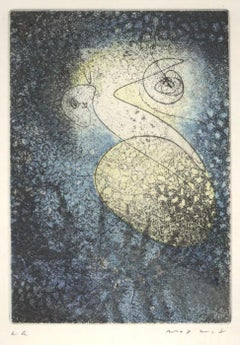 Max Ernst Senza Titolo 1965 #107A Acquaforte surrealista Acquatinta a colori Blu Giallo