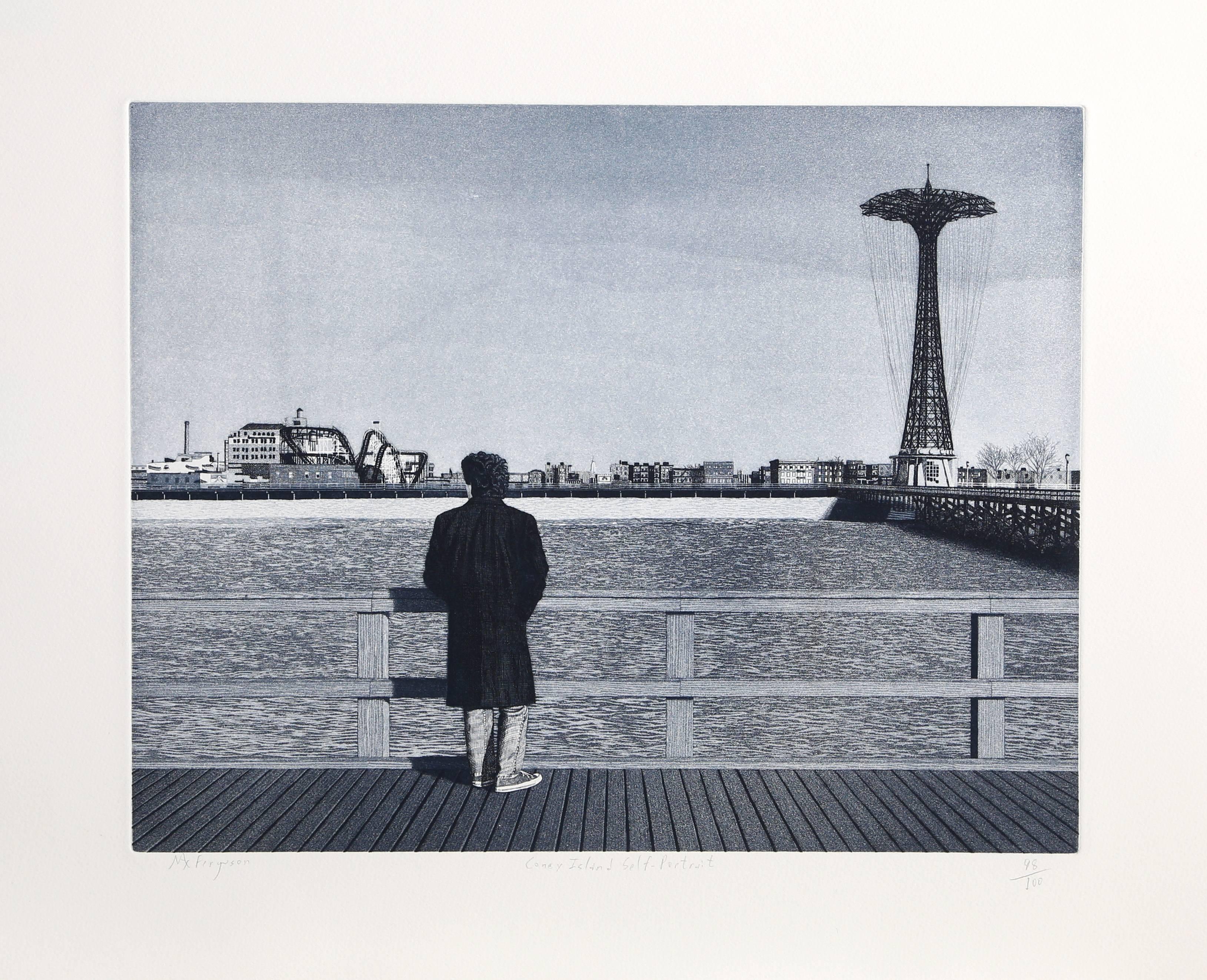 Artist: Max Ferguson, American (1959 - )
Title: Coney Island - Self-Portrait
Medium: Etching with Aquatint, signed and numbered in pencil
Edition: 100
Image Size: 14.5 x 18.5 inches
Size: 21 x 27 in. (53.34 x 68.58 cm)