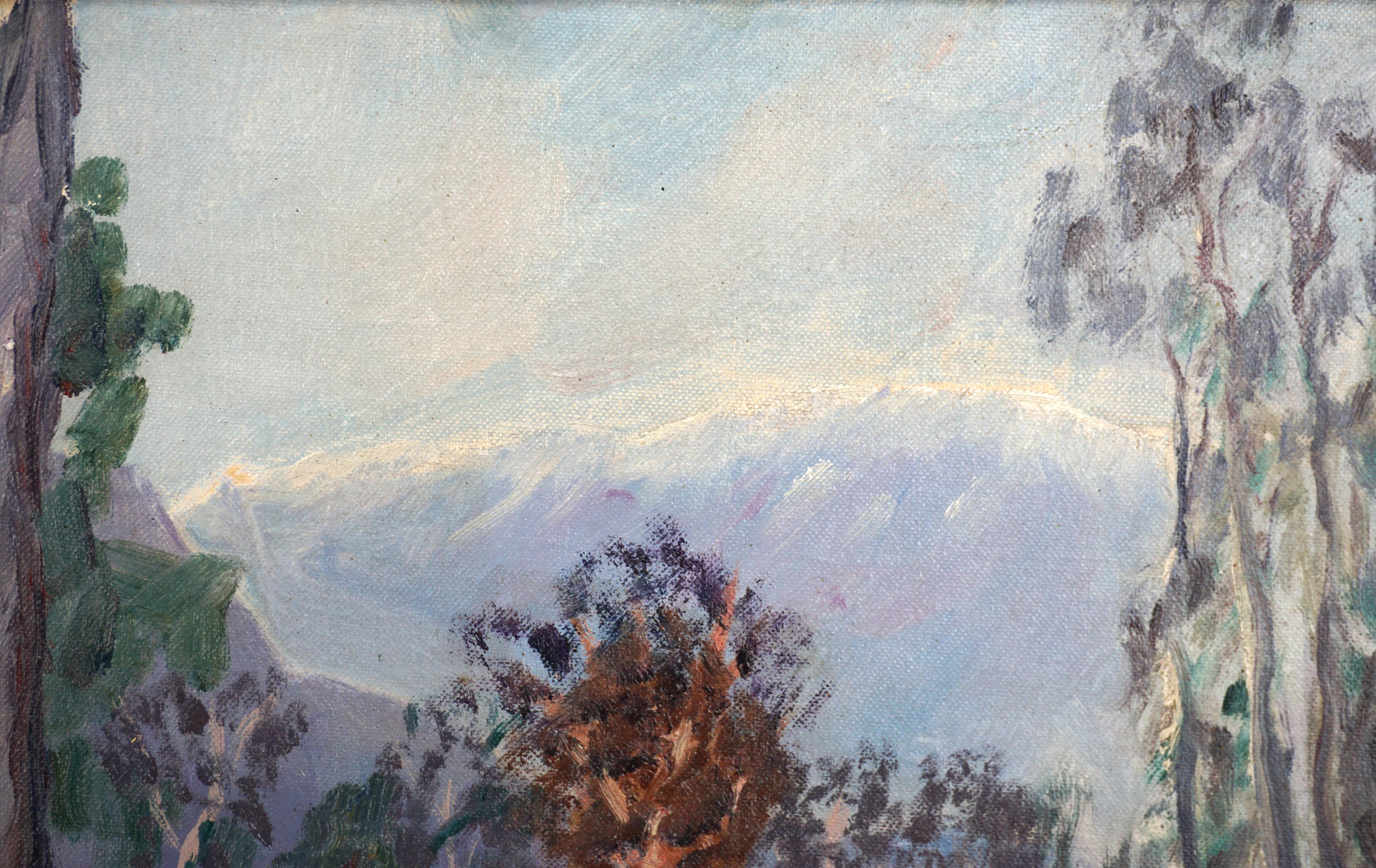 Paisaje de eucaliptos y río de Santa Bárbara de mediados de siglo - Landscape Painting Gris de Max Fischel