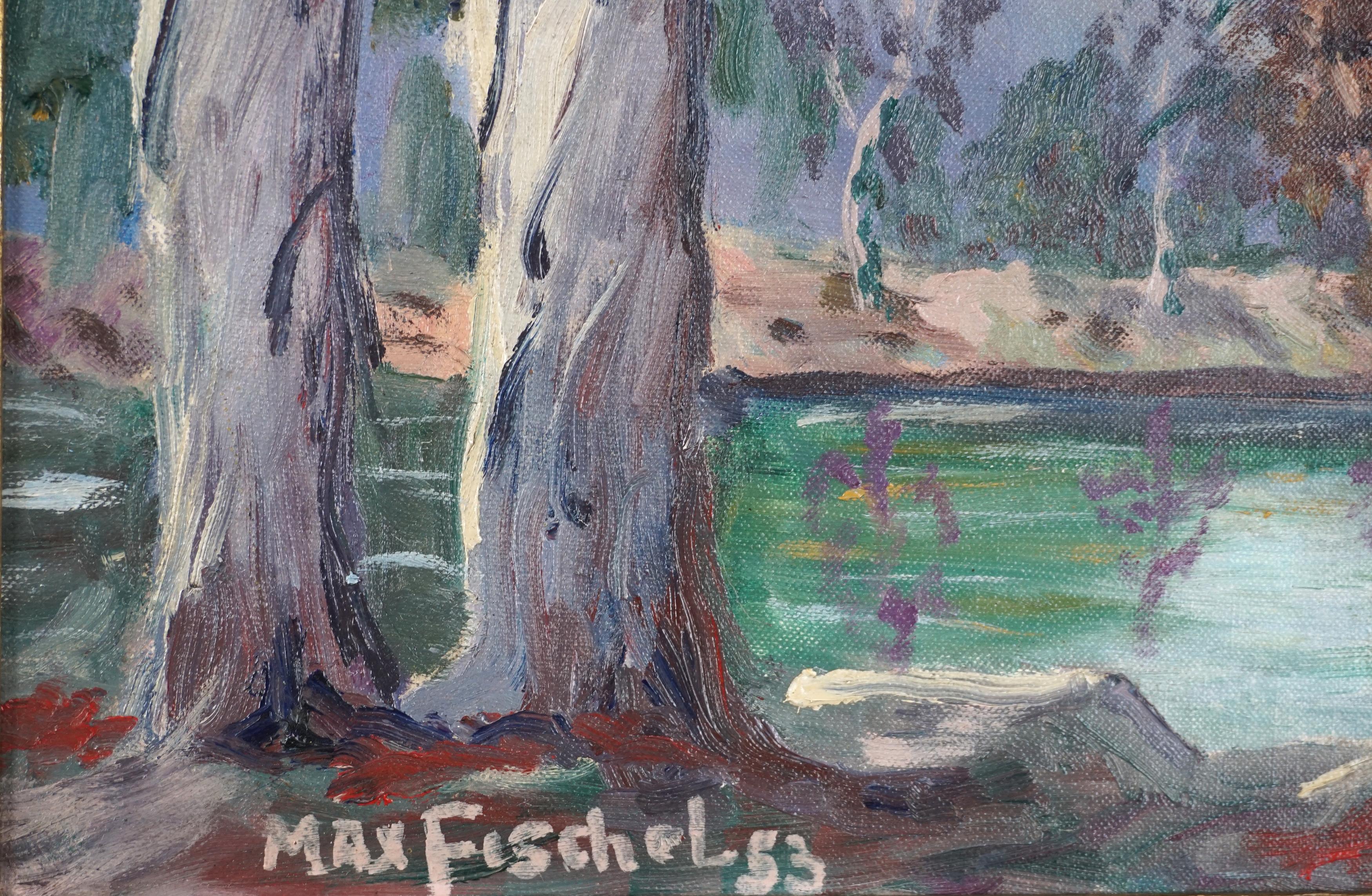 Paisaje de eucaliptos y río de Santa Bárbara de mediados de siglo

Maravilloso paisaje californiano de mediados de siglo de eucaliptos cerca de un río con montañas al fondo, de Max Fischel (estadounidense, siglo XX). El espectador se sitúa al borde