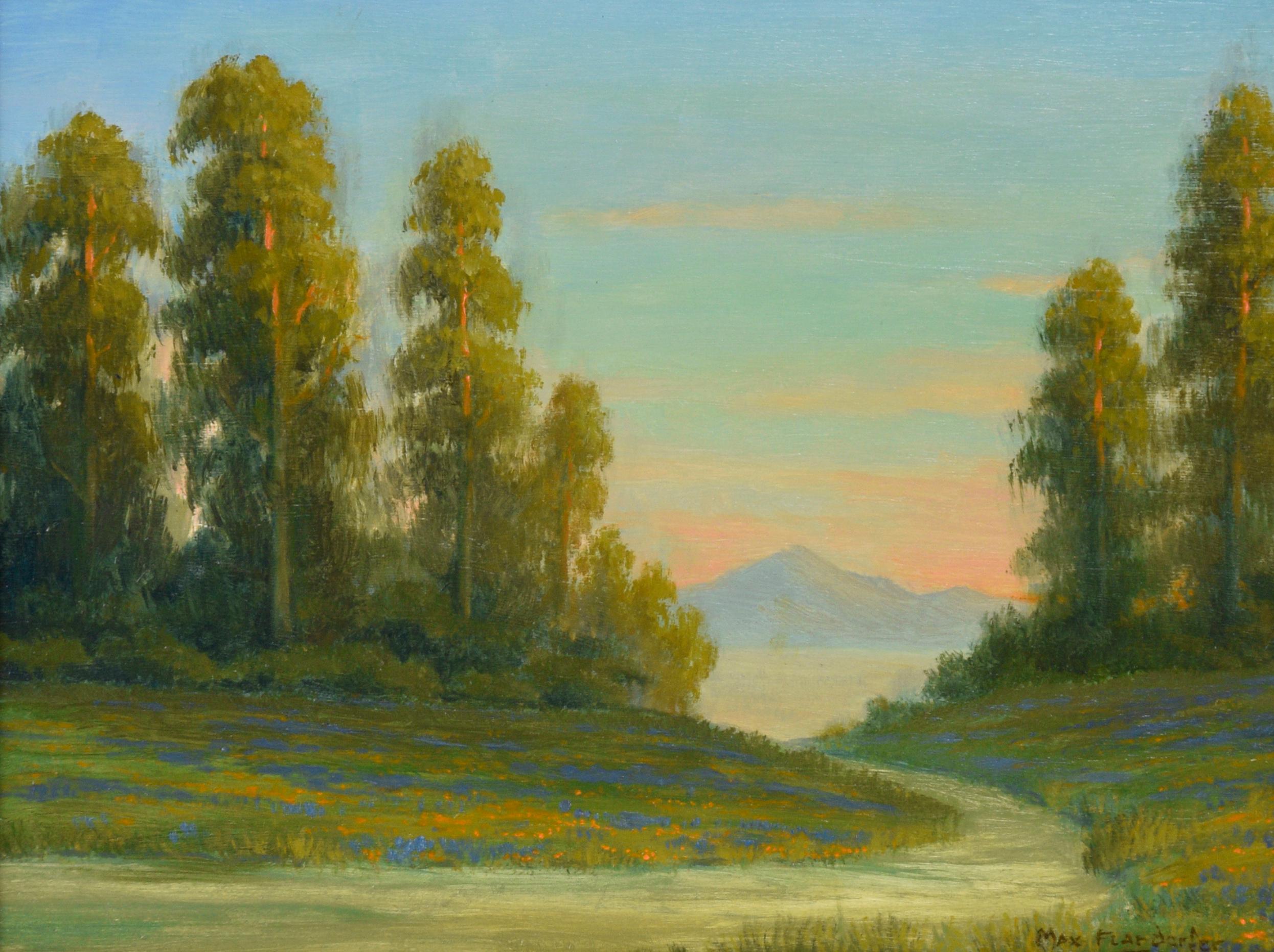 Paysage californien Lupines à l'huile sur panneau de bois - Painting de Max Flandorfer