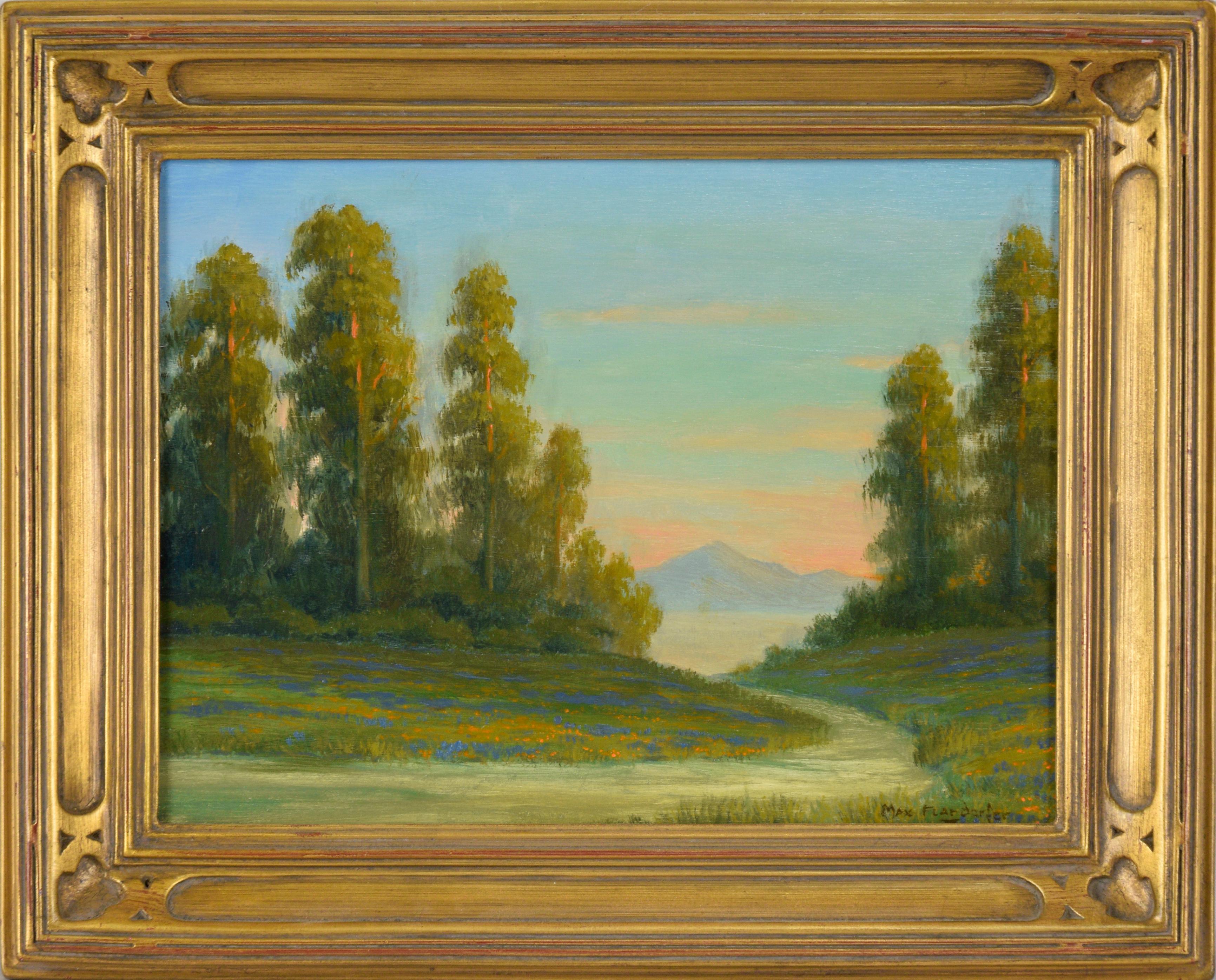 Landscape Painting Max Flandorfer - Paysage californien Lupines à l'huile sur panneau de bois