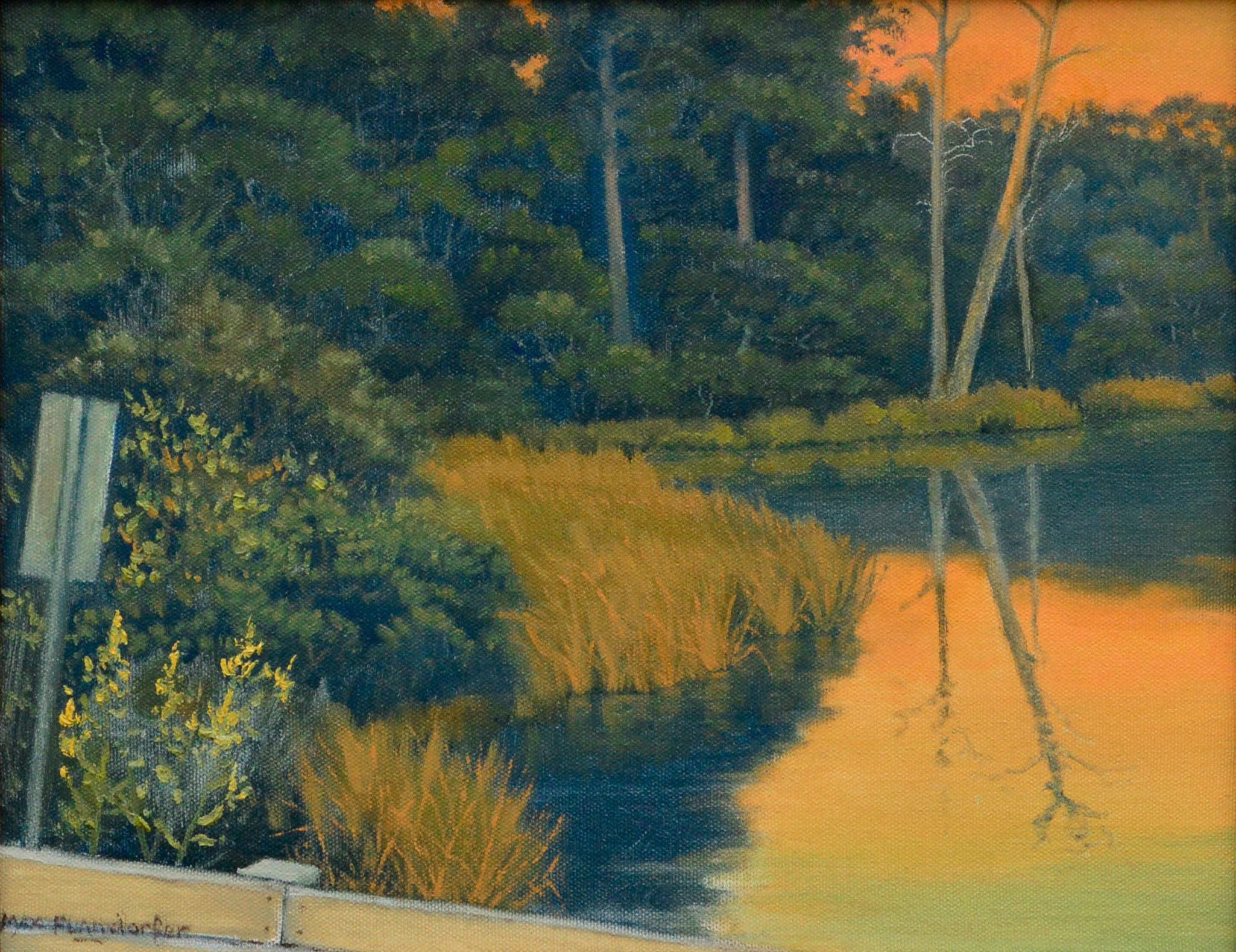 Quiet Pond at Sunset - California Golden Hour Landscape  - Painting by Max Flandorfer
