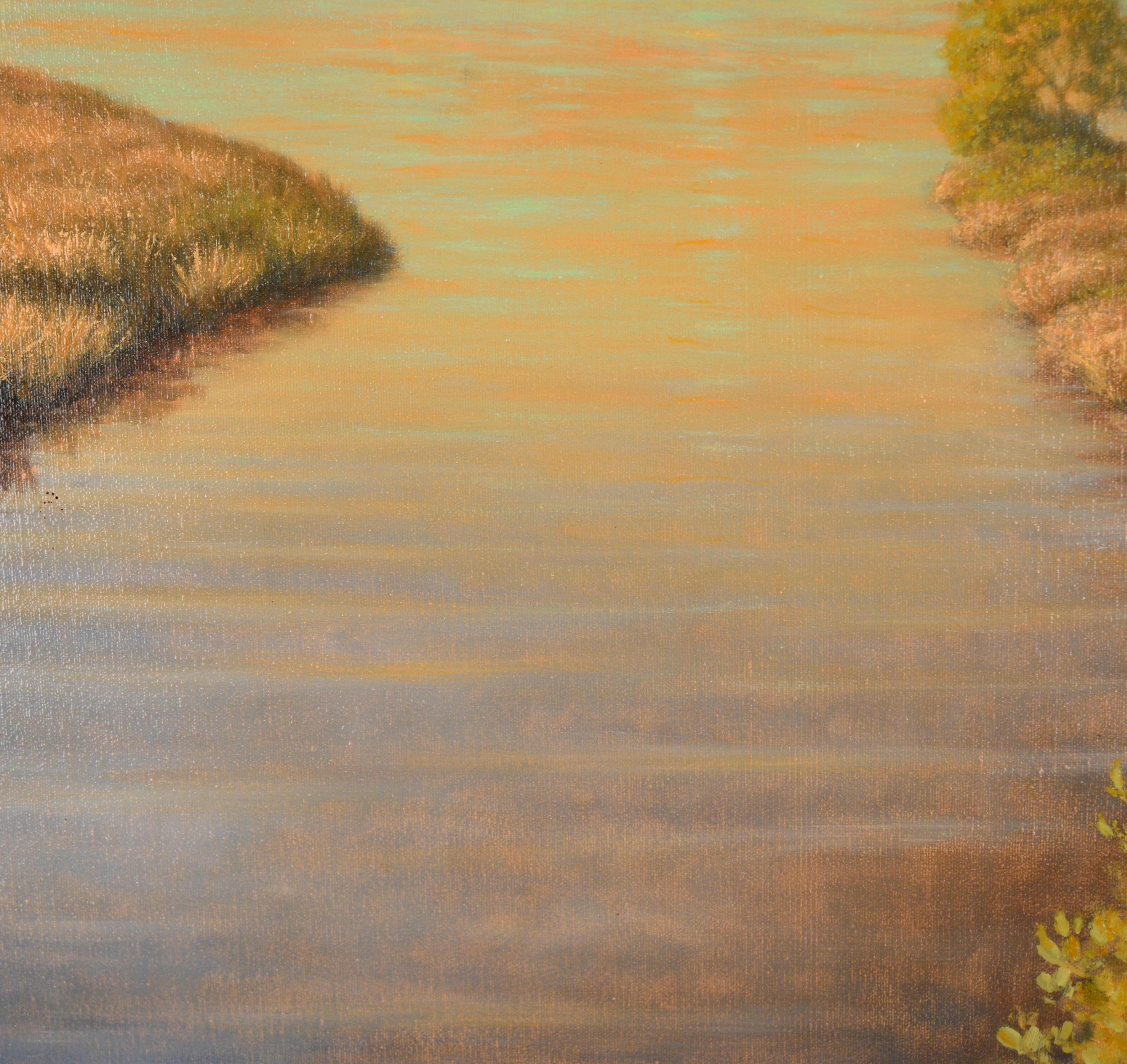 Bright and vibrant oil painting of the bayou in Mississippi by Max Flandorfer (American, b. 1962). Rich golden orange light radiates from behind the horizon, casting a warm glow across the landscape. Water flows from the viewer's position out to the