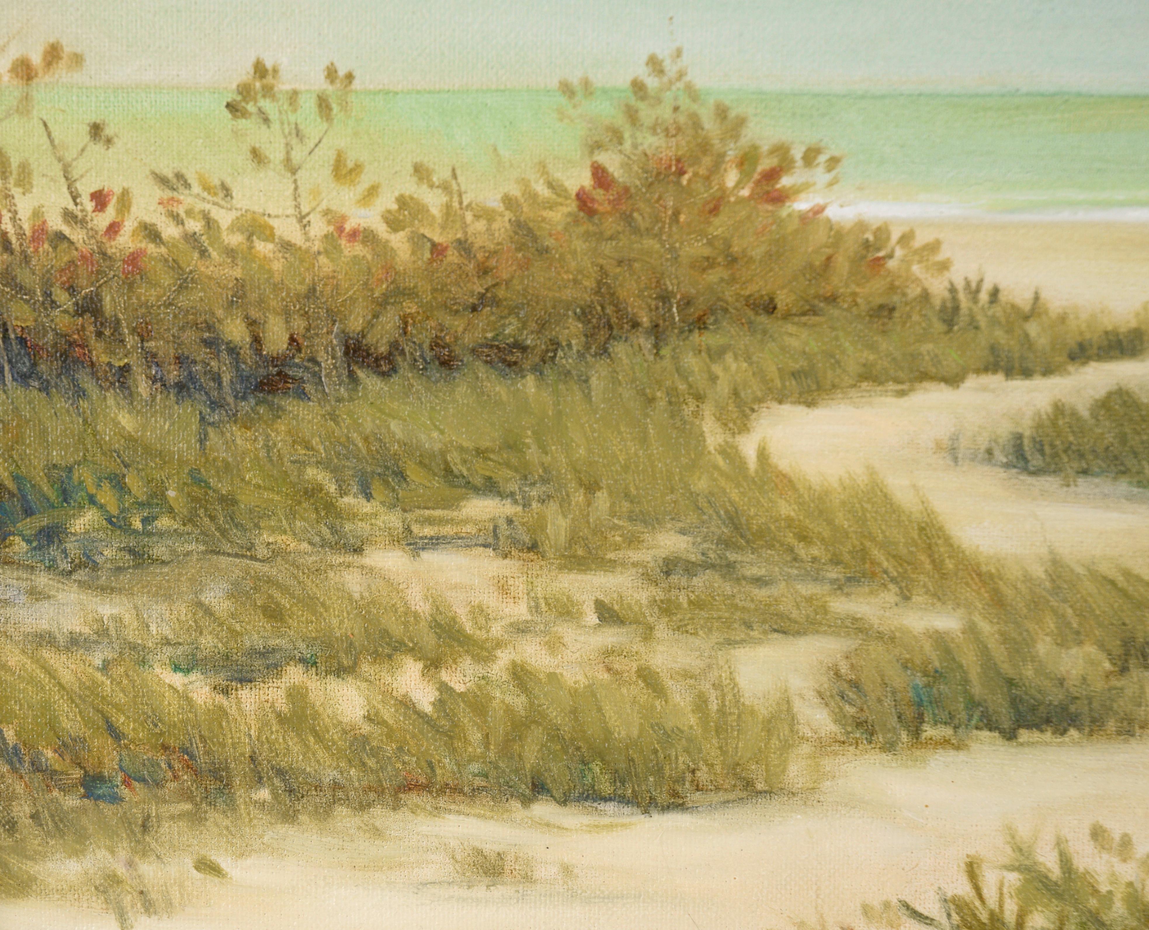 « Southern Beach », paysage côtier, huile sur toile

Peinture à l'huile d'un paysage de plage par Max Flandorfer (américain, né en 1962). Un sentier sablonneux serpente vers la plage à travers quelques herbes et arbustes. Au-delà du feuillage, il y