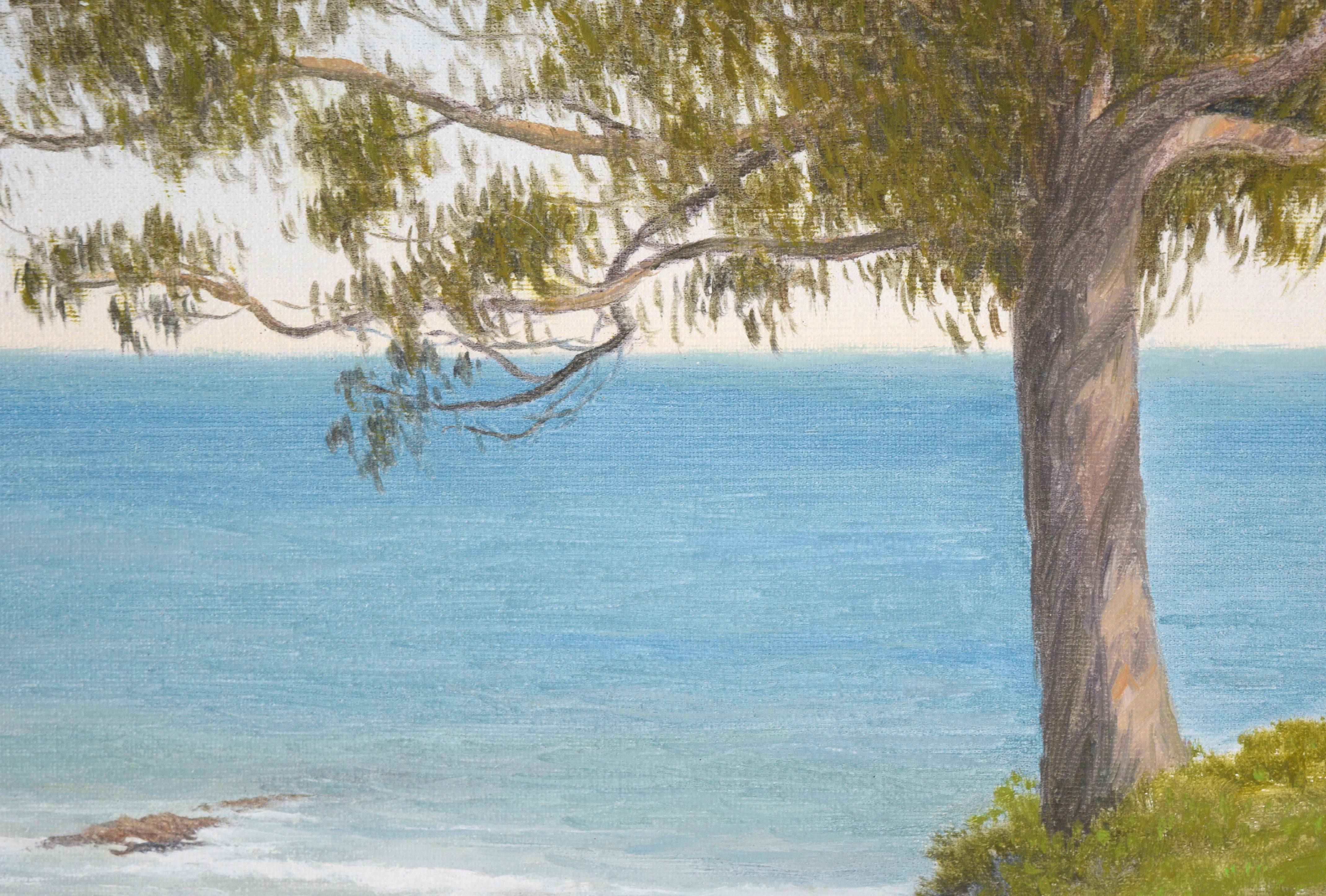 « West Cliff, Santa Cruz », paysage côtier à l'huile sur lin

Peinture à l'huile d'un paysage de plage par Max Flandorfer (américain, né en 1962). Un grand eucalyptus se trouve au bord d'une falaise surplombant l'eau. La falaise est recouverte