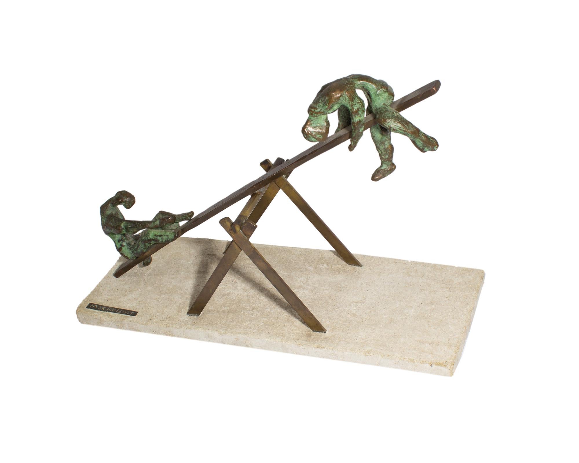 A Brutalist bronze sculpture by the American sculptor Max Fleisher (1914-1977). This sculpture depicts a seesaw with an abstract figure on each end. The seesaw can be tilted to either side. The sculpture is attached to a concrete base that is signed