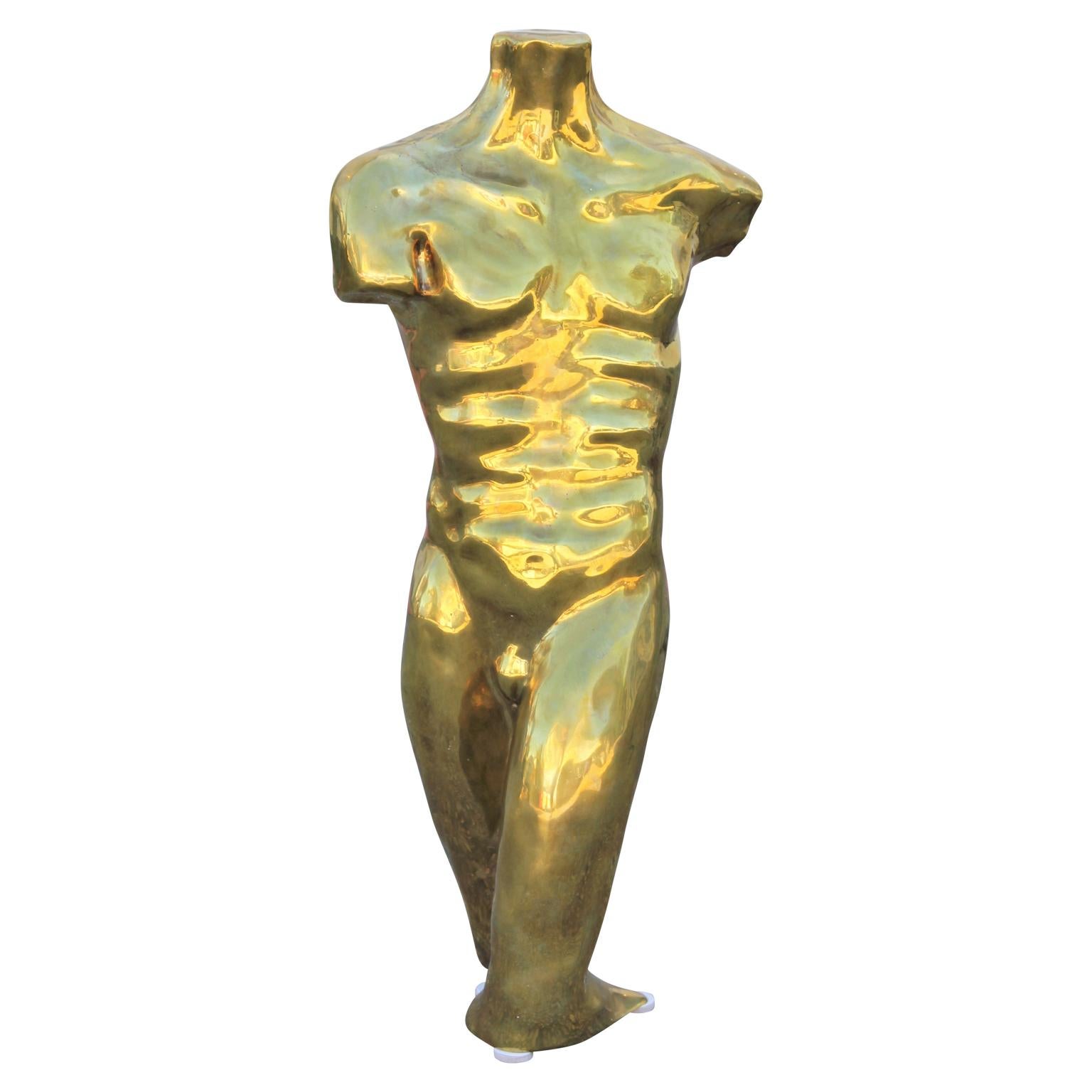 Max Forti Figurative Sculpture - Figurative Bronze Gold Toned Nude Male Torso Sculpture