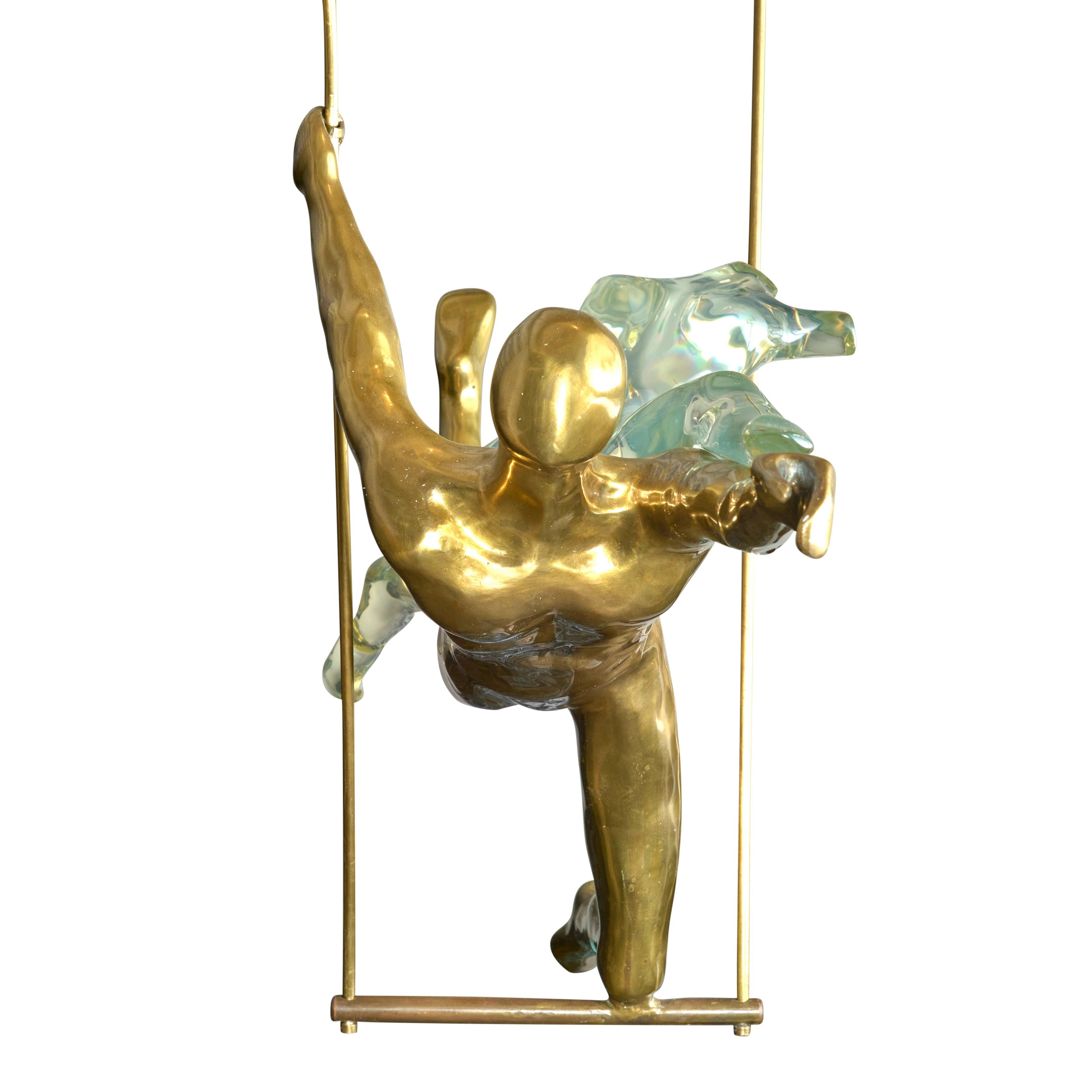 Italian Max Forti Bronze and Lucite Sculpture of Couple on a Trapeze