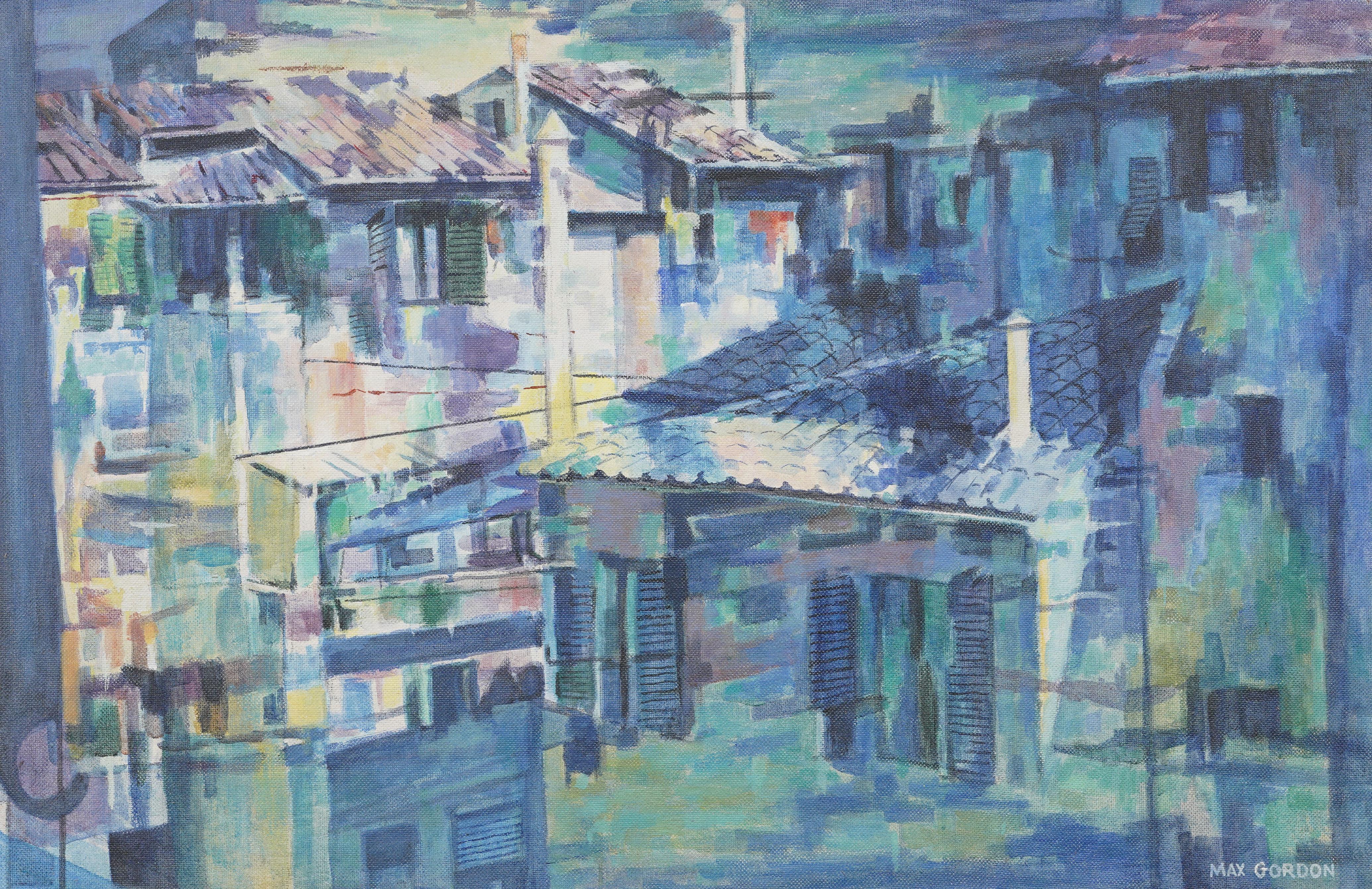 Antique American modernist cityscape oil painting. Oil on board. Framed. Signed.  Measuring: 34 by 48 inches overall, and 28 by 42 painting alone.  In excellent original condition. Handsomely framed in a  giltwood molding.  Excellent condition,